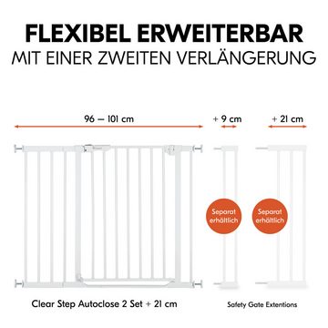 Hauck Türschutzgitter Clear Step Autoclose 2 Set inklusive Verlängerung 21 cm, White, auch als Treppenschutzgitter verwendbar; 96-101 cm; flacher Durchgang