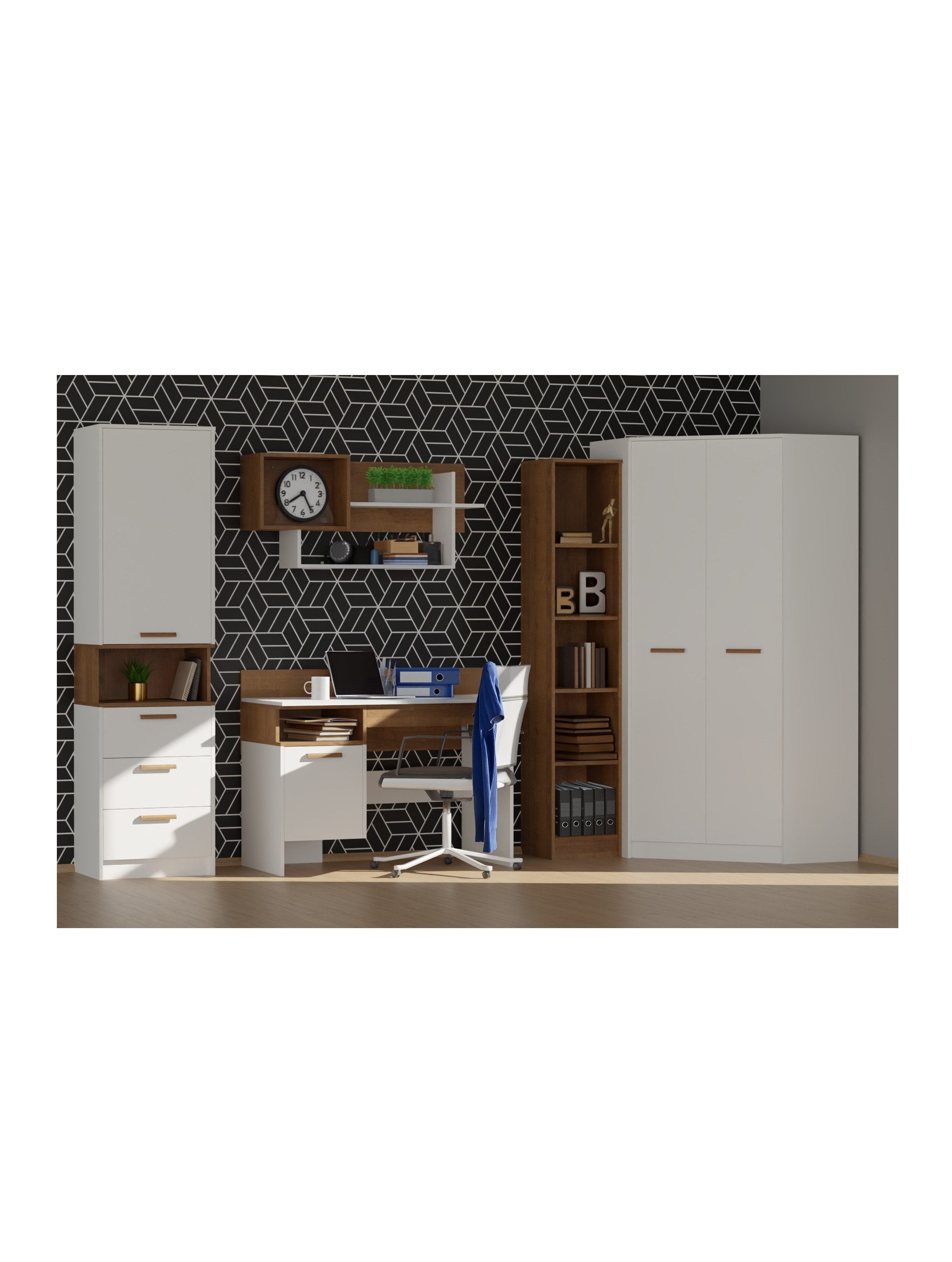 Marmex Möbel Wohnzimmer-Set Grant SET E Schlafzimmer Jugendzimmer Kinderzimmer, (4-St., Kommode, Kleiderschrank, Bücherregal, Wandregal), Wohnwand, Schubladen, Kleiderstange