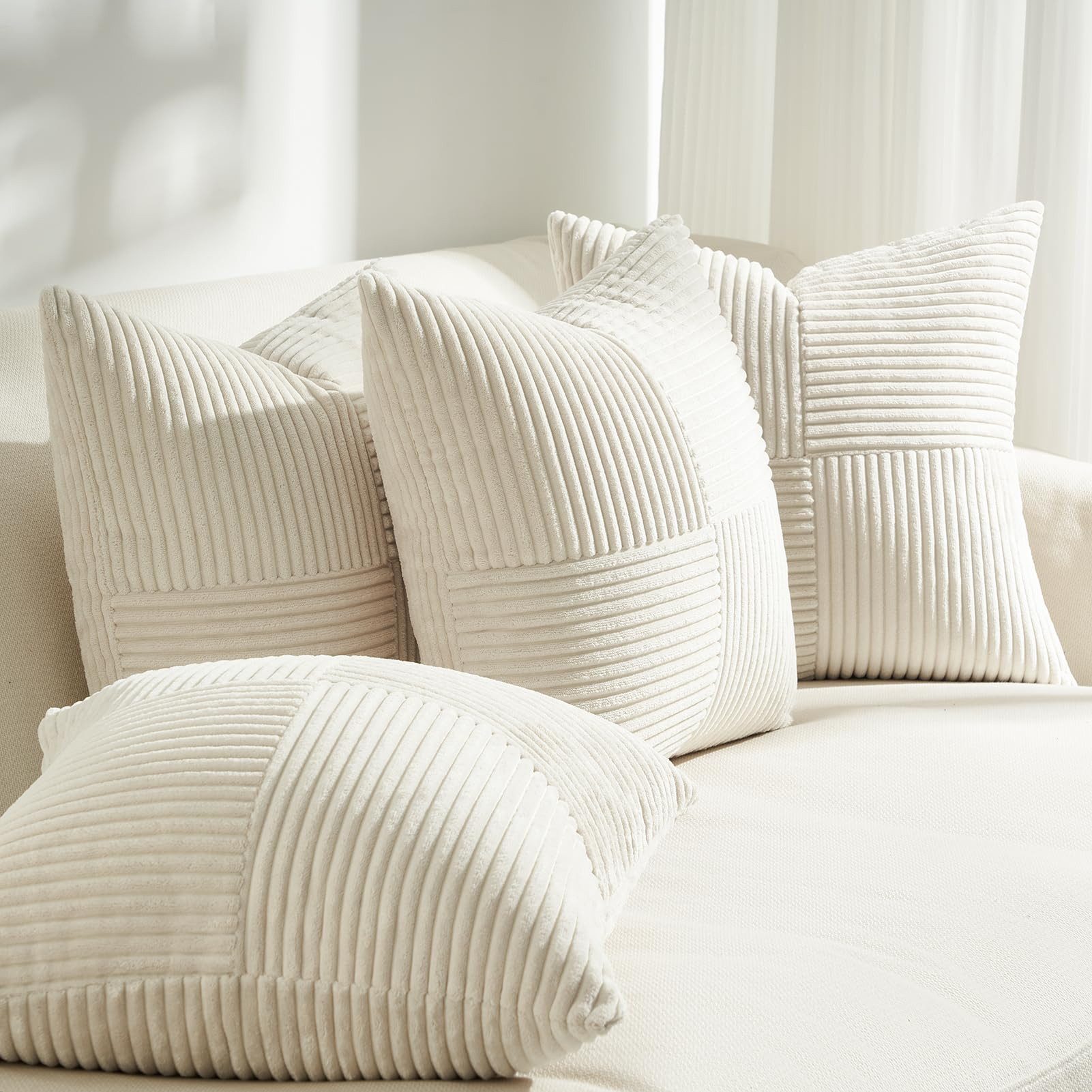 Topfinel Kissenbezug 40x40 4er set Kissenbezüge 50x50 Kordsamt mit Streifen deko Sofa, kissenbezug Beige einfarbig Schlafzimmer Weich Hautfreundlich