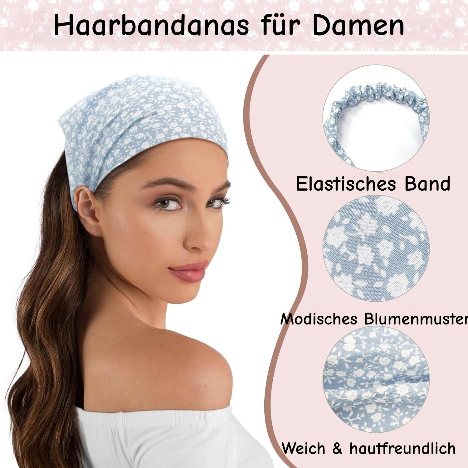 Zaewry Stirnband 5 Stück Boho Damen Blumen Stirnbänder Dreieck Kopftüchern (Chiffon Bandanas Süßes Turban Haarbänder, 5-St) Elastische Haarschal Kopfzubehör für – Bild 3 von 5