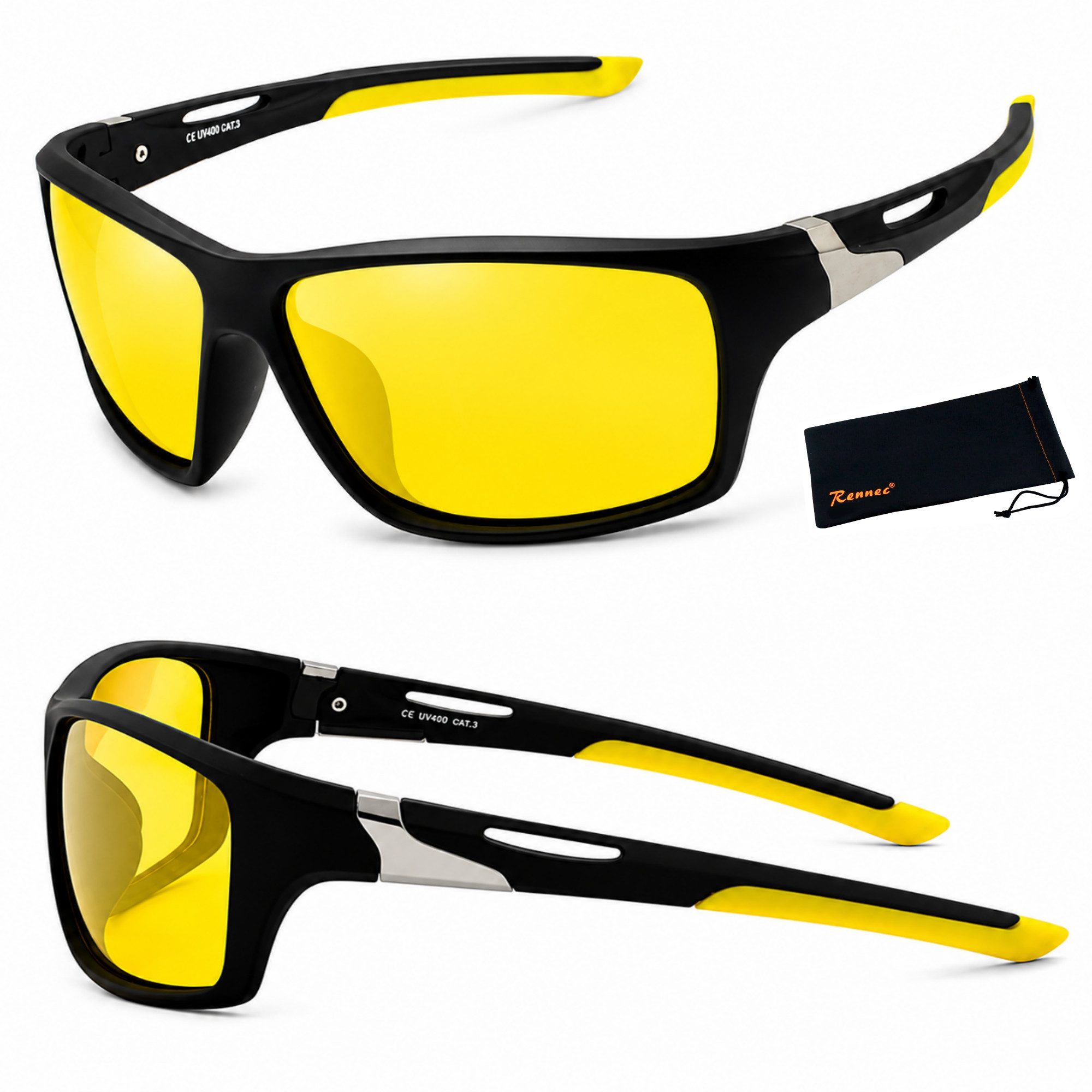Rennec Sonnenbrille Herren Sportbrille Radbrille Polarisiert mit Outdoor Hardcase Gläser Schwarz Getönt, Rot oder Blau Verspiegelt, Gelb Night Vision