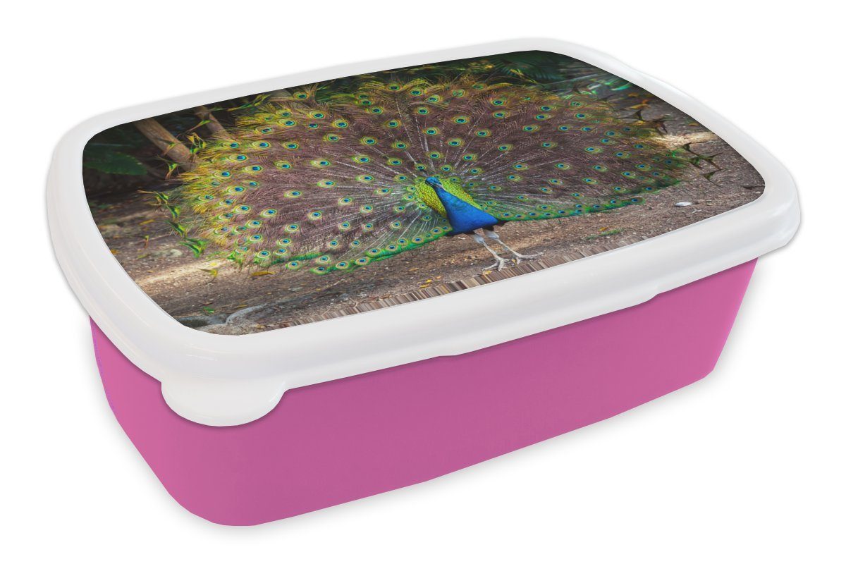 MuchoWow Lunchbox Pfau - Wild - Wald, Kunststoff, (2-tlg), Brotbox für Erwachsene, Brotdose Kinder, Snackbox, Mädchen, Kunststoff rosa | Lunchboxen