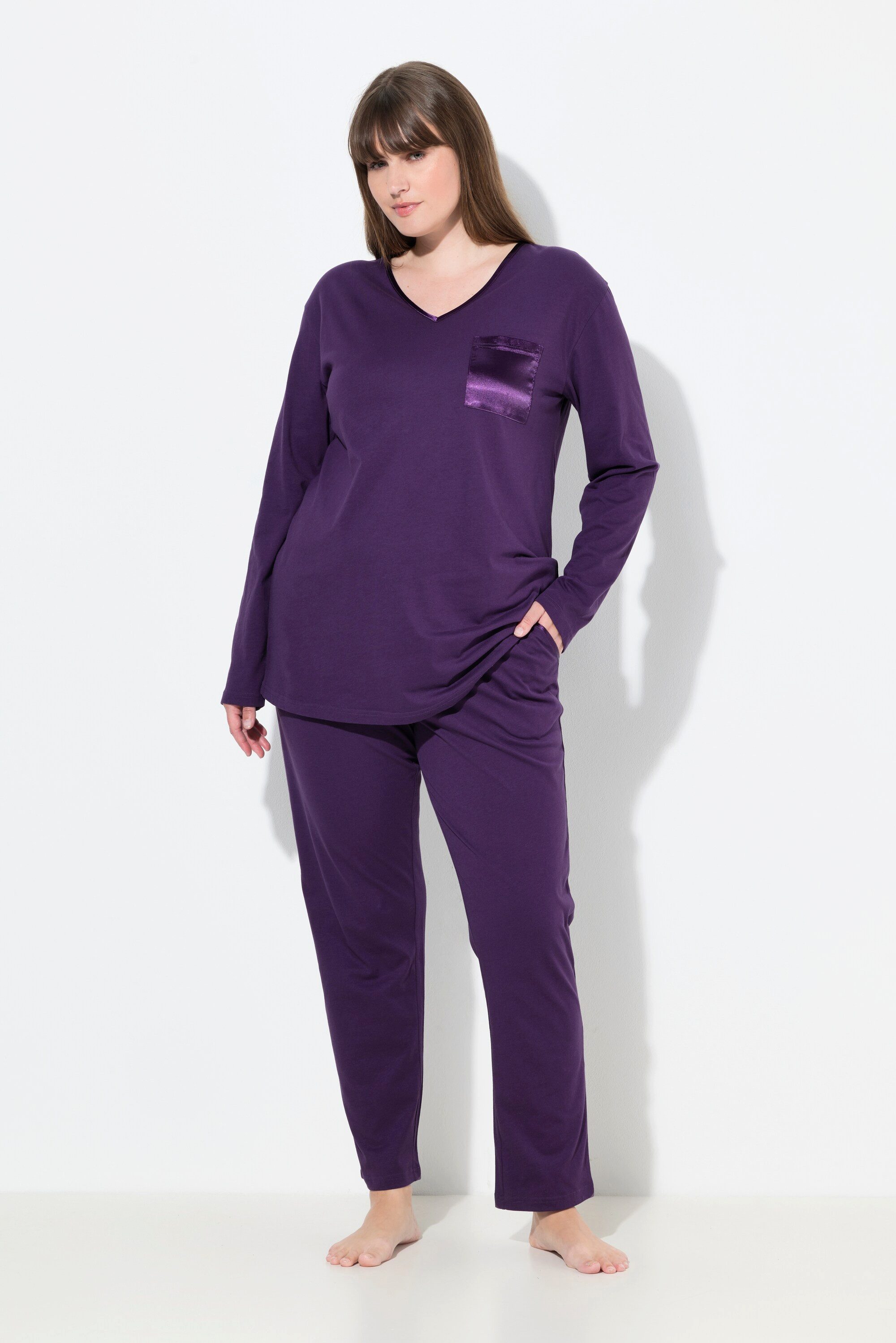 Ulla Popken Pyjama Pyjama Satin-Brusttasche V-Ausschnitt Langarm günstig online kaufen