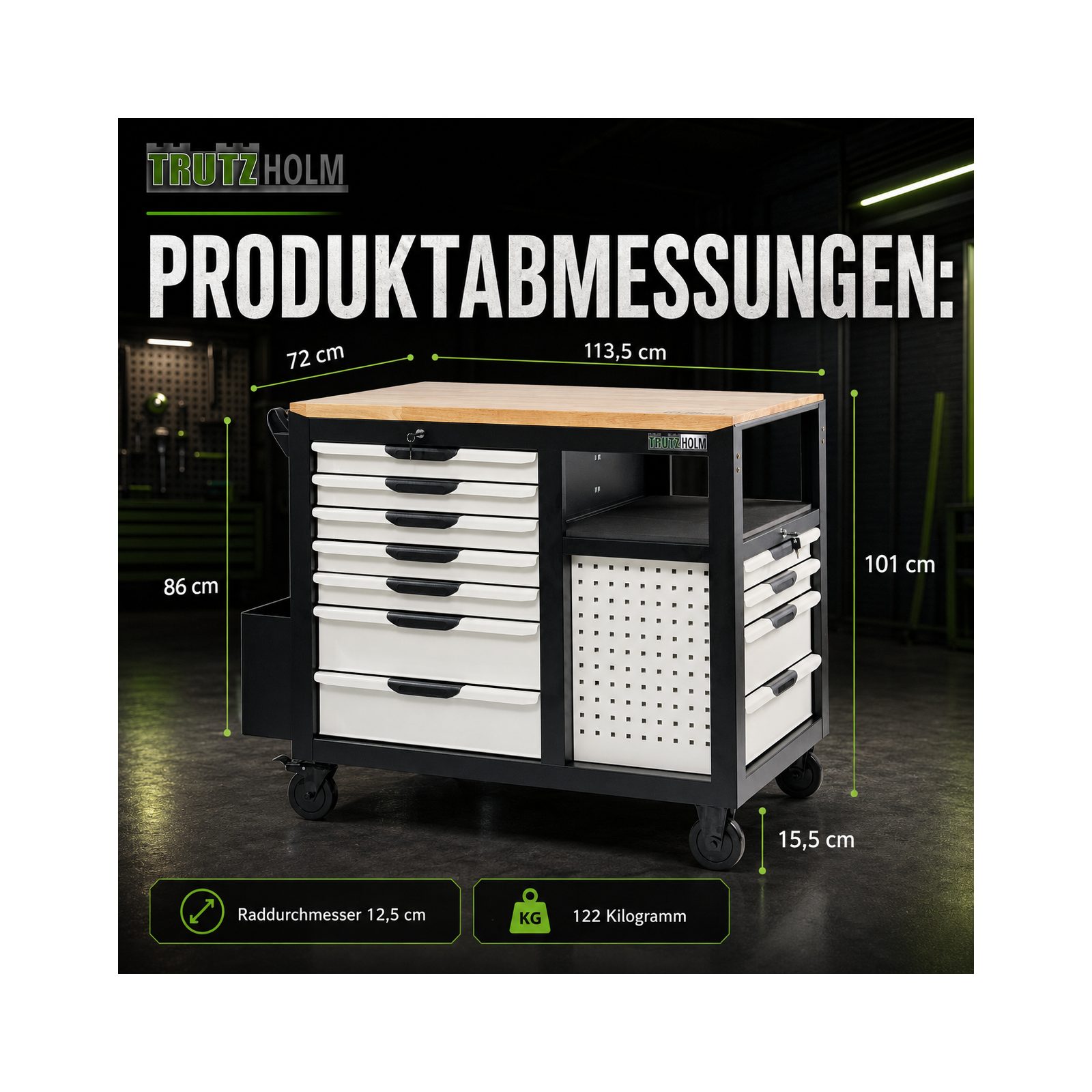 TRUTZHOLM Werkstattwagen Jumbo XXL 11 Schubladen 4 Ablagefächer abschließbar leer weiß, XXL Jumbo, abschließbar,leer,Arbeitshöhe ca. 1 Meter