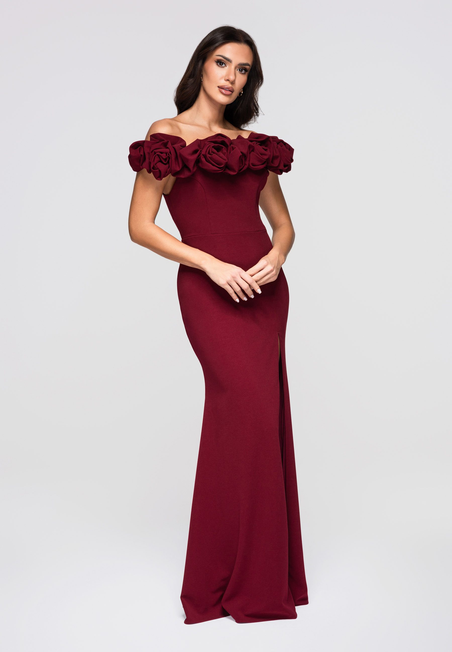 OMBRE Abendkleid Elegantes Maxikleid mit Drappierung am Ausschnitt und Beinschlitz
