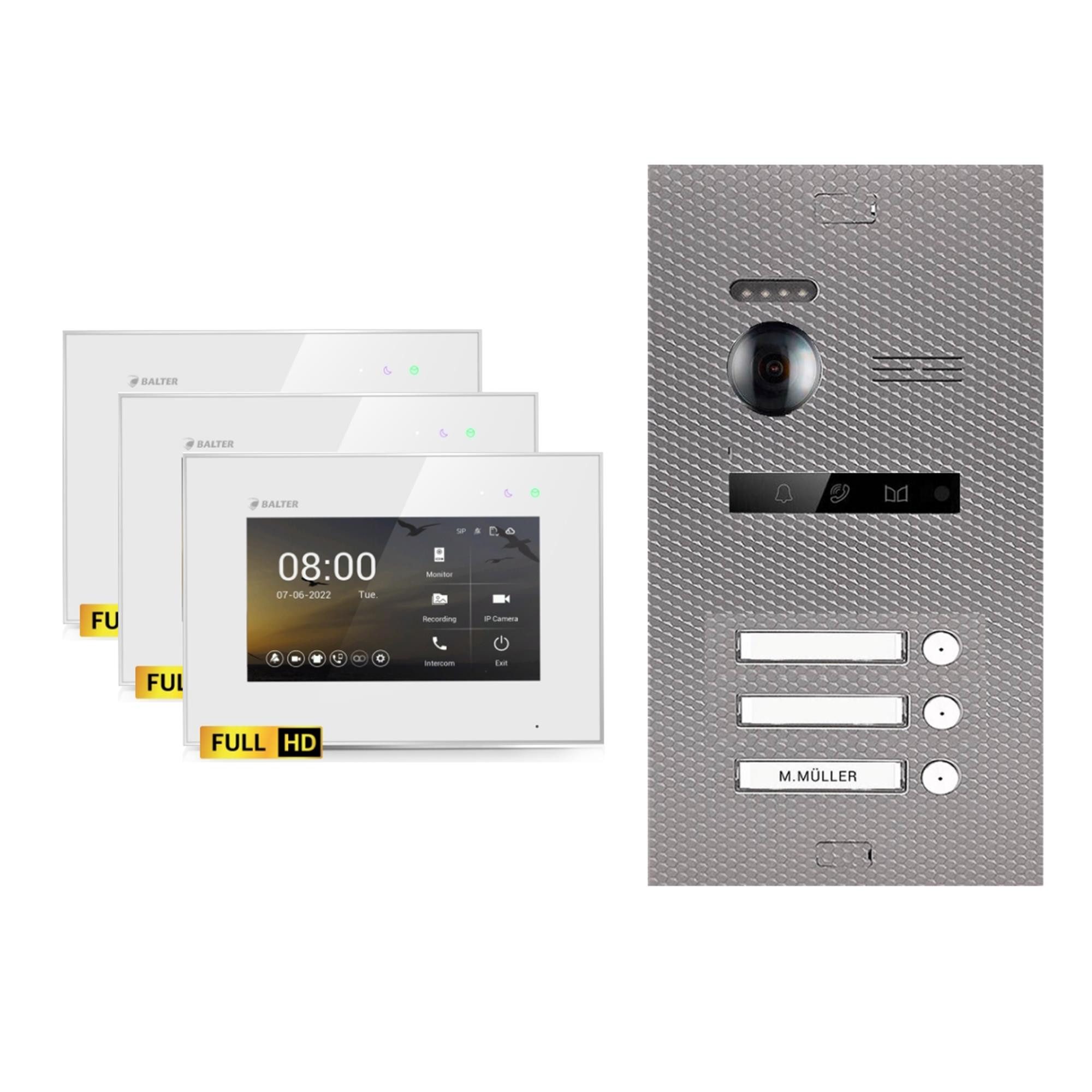 Balter Video-Türsprechanlage EVO-HD Komplettset 3-Familie Karbon-Silver 3x 7" Monitor Weiß (Set, 3-Familienhaus, Komplettset, FullHD Kamera)