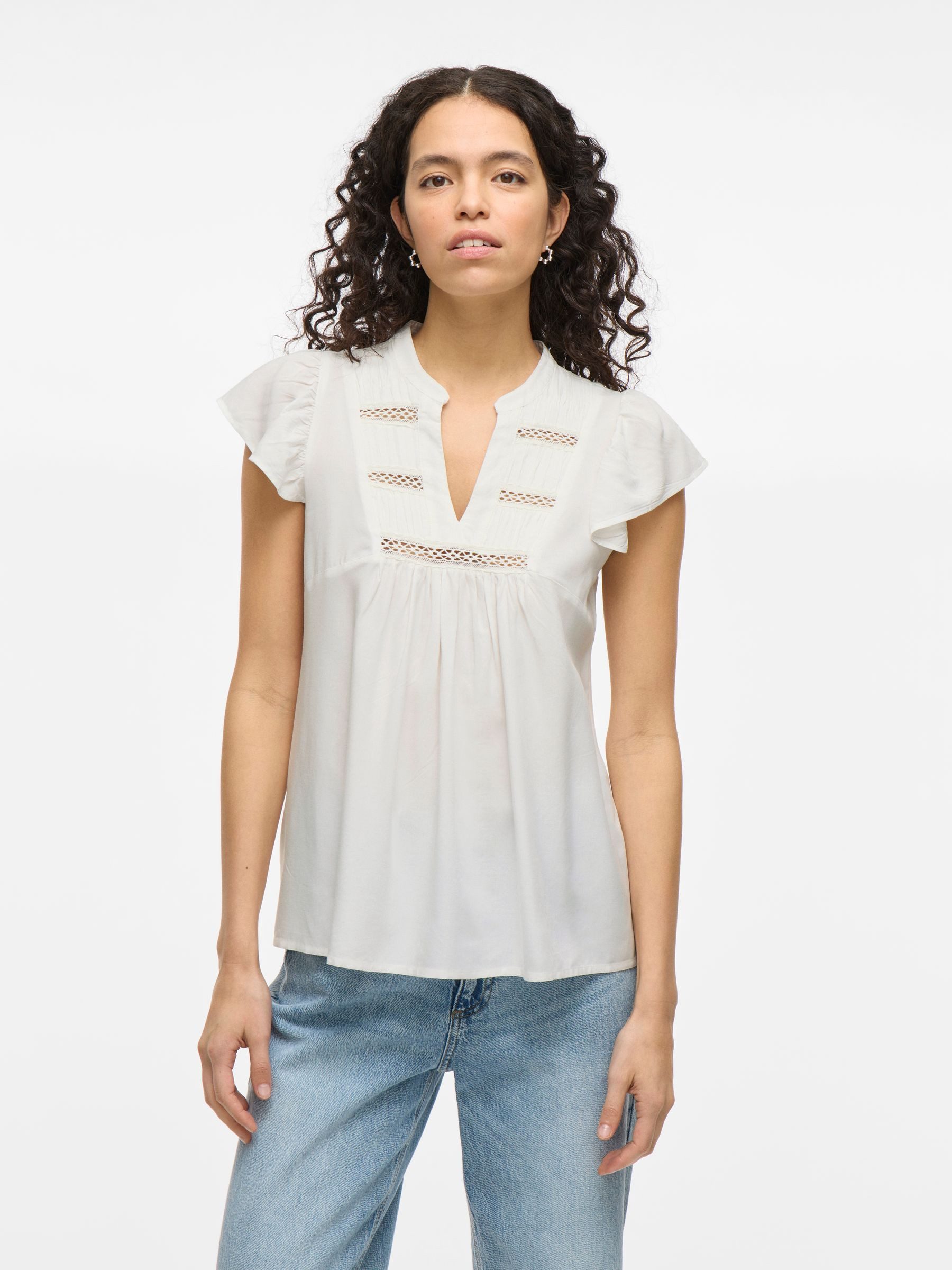 Vila Blusenshirt Elegantes Design mit Rüschen und Gittereinsätzen VIVISIA V günstig online kaufen