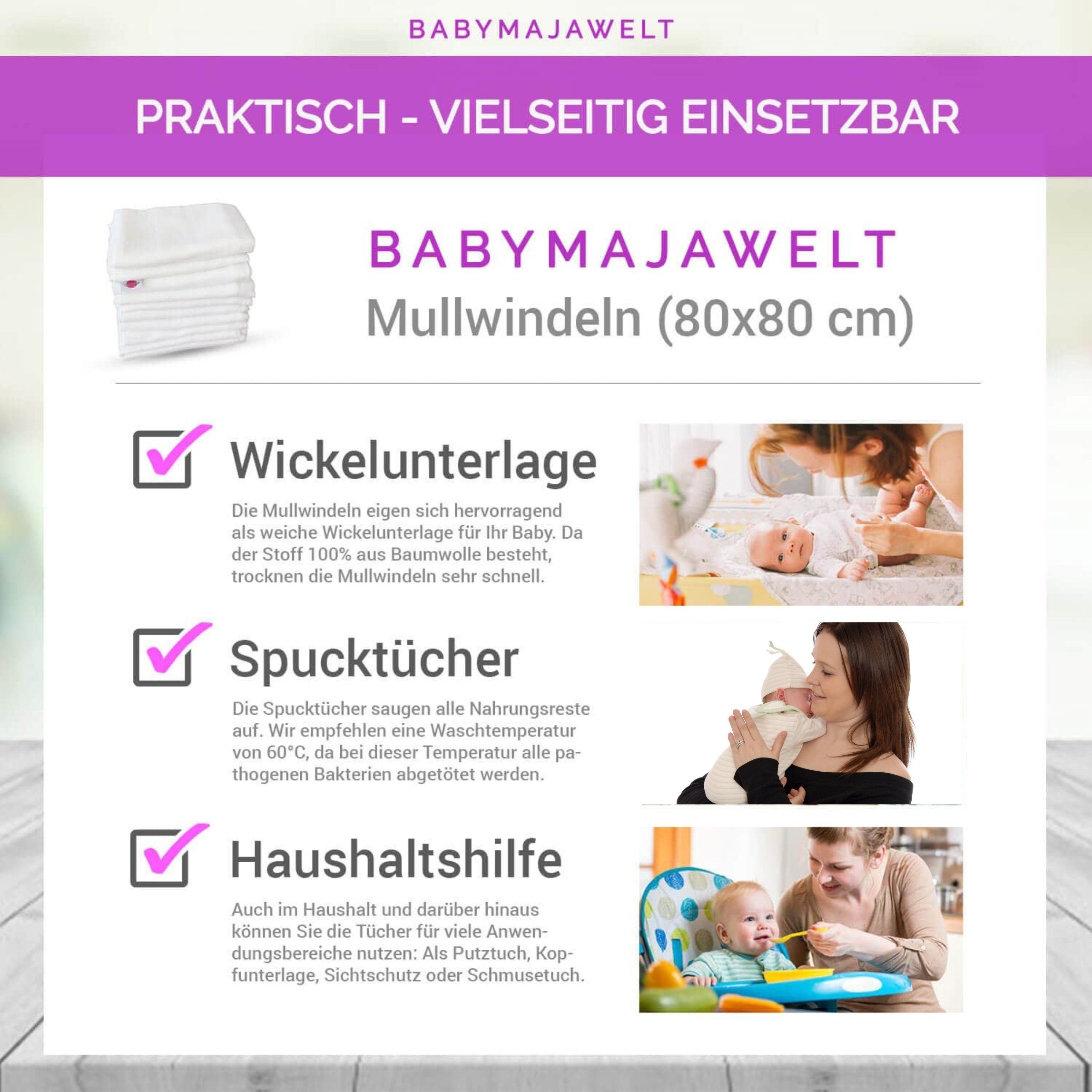 Babymajawelt Stoffwindeln Mullwindeln 80x80 Spucktücher weich und weiß, Baby Mulltücher (Set, 5-St., Mulltücher Dicke 115g/m²- Crinkel Optik nach dem Waschen), Made in EU, Hautfreundlich, Saugfähig, Weich, Reine Baumwolle