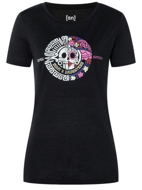 SUPER.NATURAL T-Shirt für Damen, Merino SANTA MUERTE Totenkopf Motiv, bunt