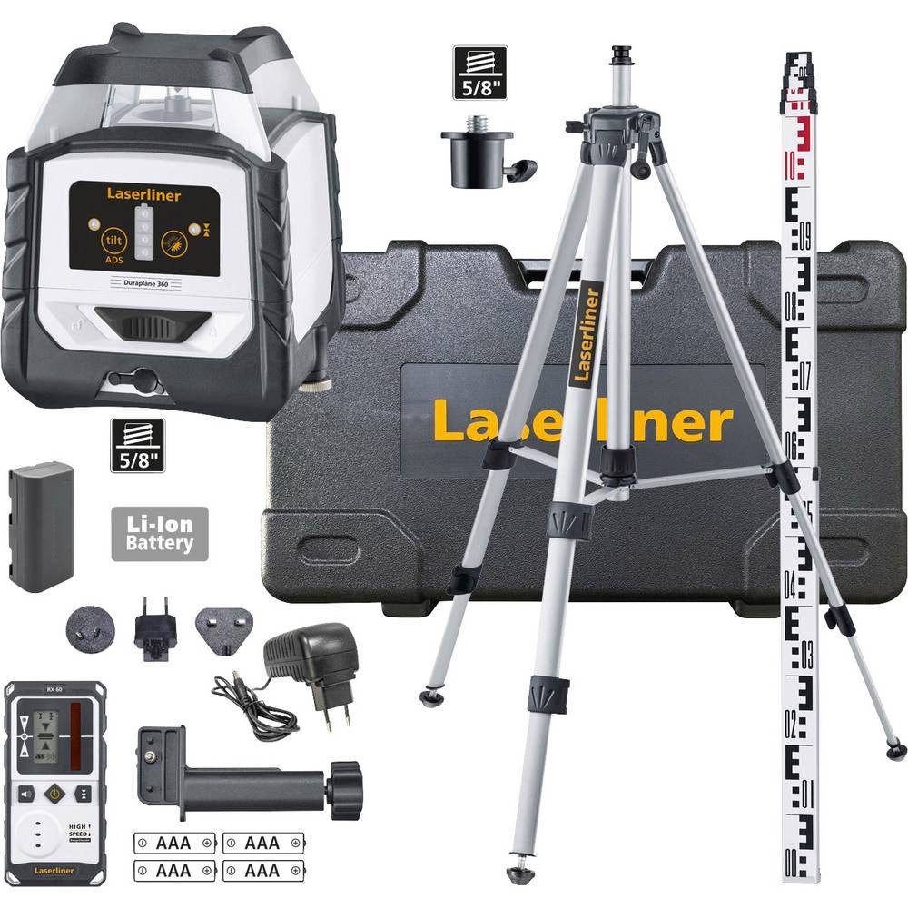 LASERLINER Nivellierkeil 360°-Linienlaser mit Laserempfänger, Stativ und Messlatte 052.500A, selbstnivellierend