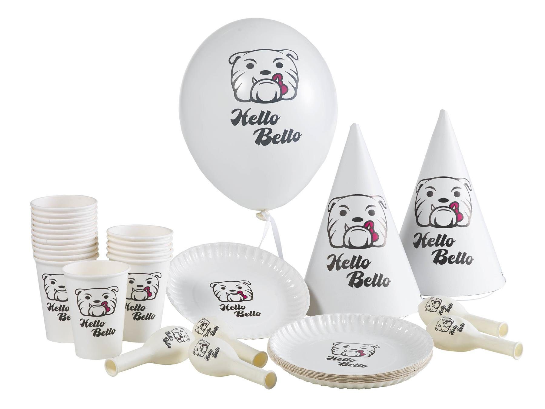 Kiids Einwegteller Geburtstagsdeko Hello Bello für 8 Jungs (Teller, Becher, Servietten. Luftballon & Partyhut)