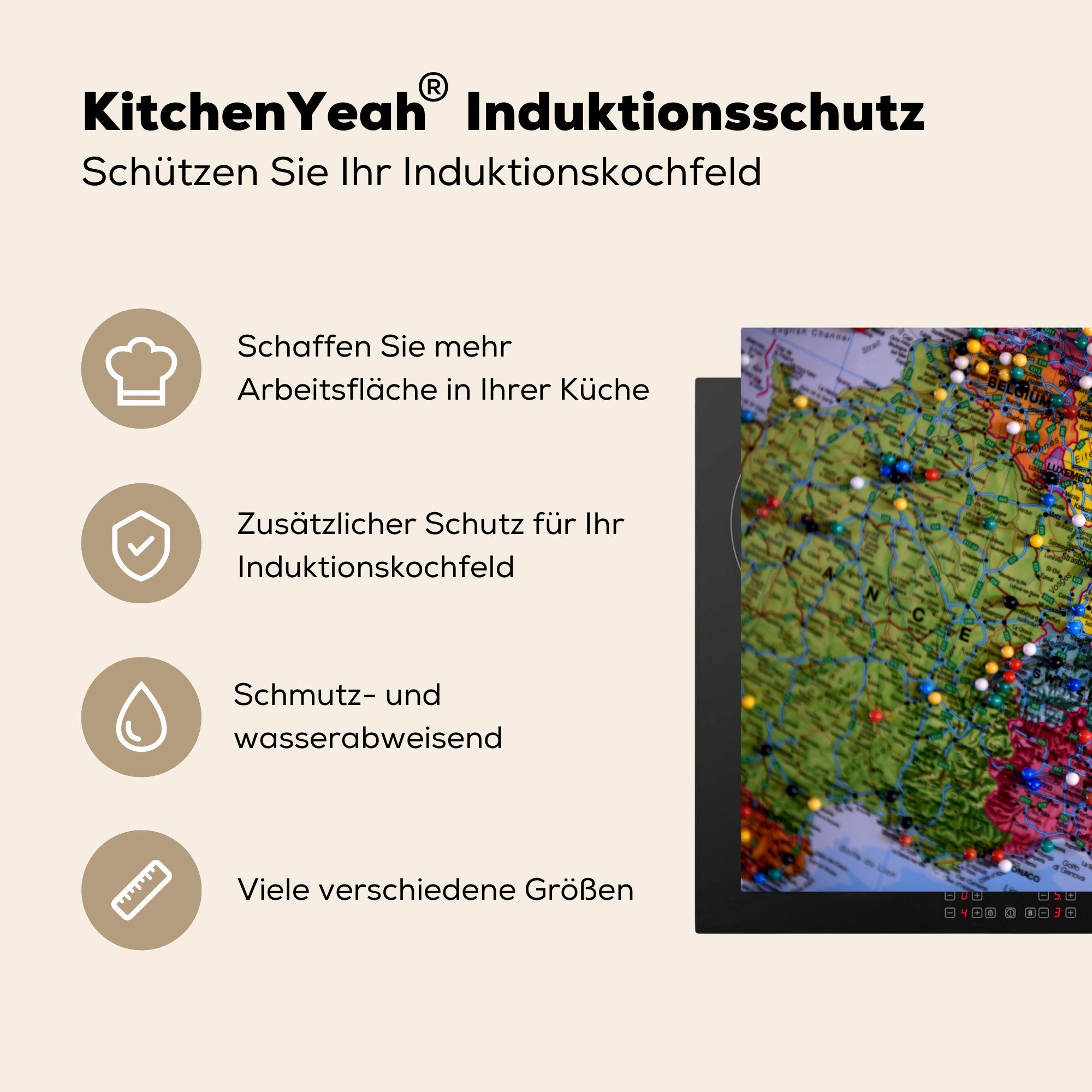 MuchoWow Herdblende-/Abdeckplatte Karte - Europa Vinyl, - cm, für Schutz Pin, küche, die Ceranfeldabdeckung tlg), (1 81x52 Induktionskochfeld