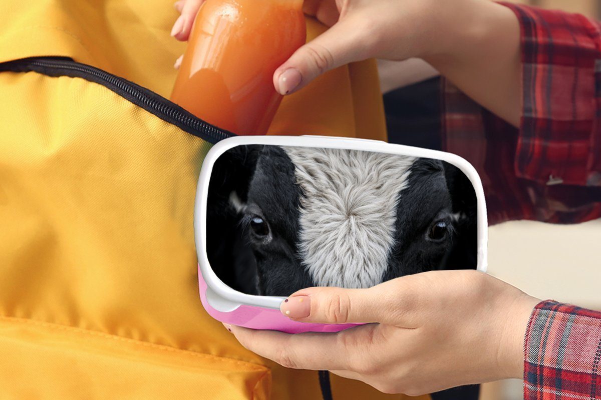 Schwarz (2-tlg), rosa Mädchen, Lunchbox - MuchoWow Brotdose Kuh für Kunststoff, Kunststoff Weiß, Auge - Kinder, Erwachsene, - Snackbox, Brotbox