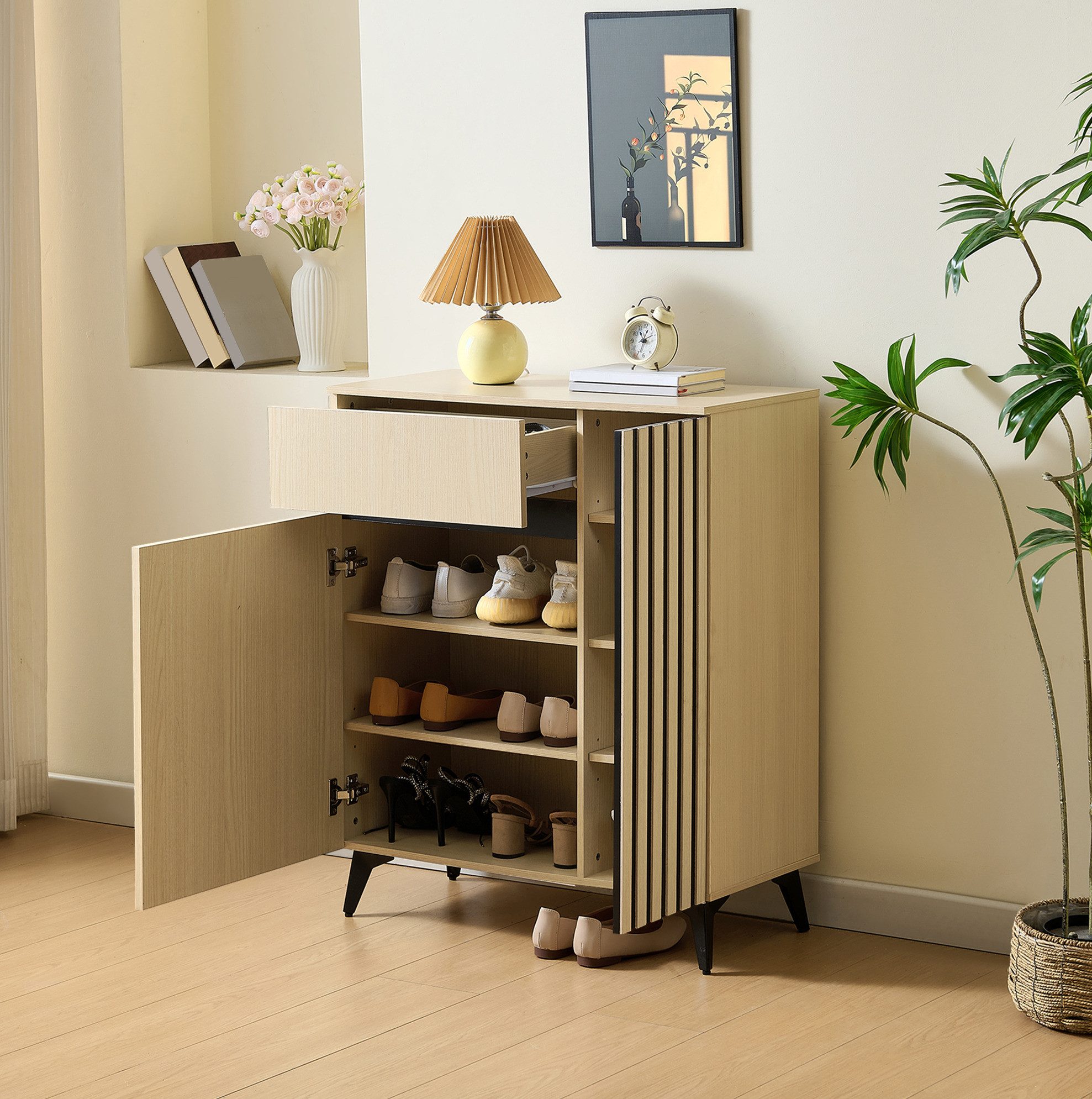 REDOM Garderoben-Set Praktische Möbel für Diele, Wohn- & Schlafzimmer, (1-St., Natur, 75×90×35 cm, Metallfüße), 2 Türen, 1 Schublade, verstellbare Böden