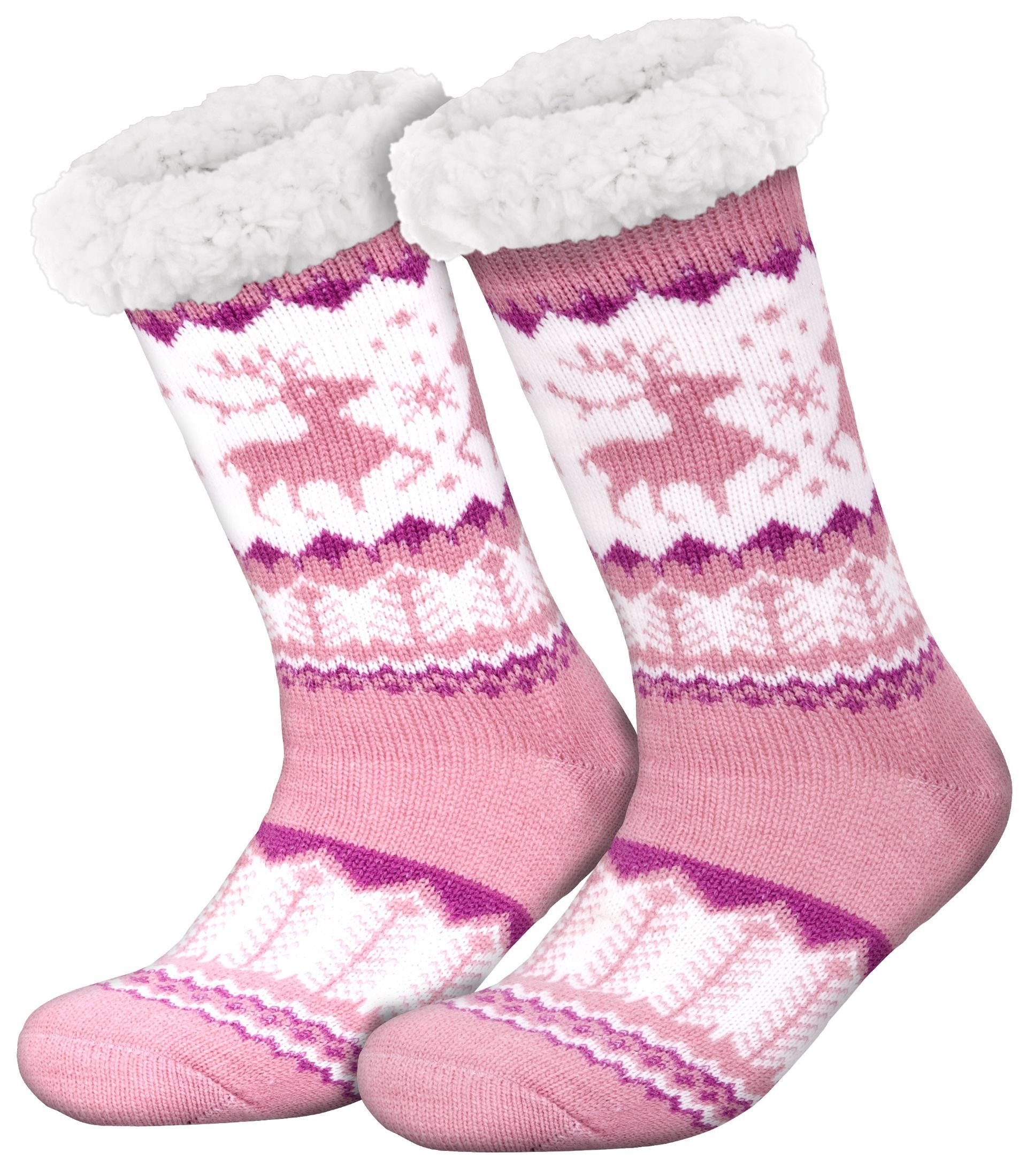 compagno Kuschelsocken (1-Paar) Kuschelsocken Noppensocken Rentiere Anti Rutsch Sohle Wintersocken Damen Herren Socken 1 Paar Einheitsgröße rose