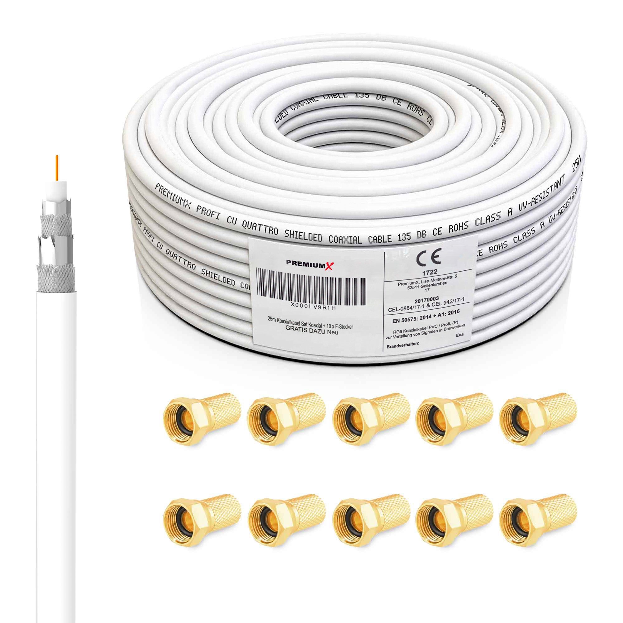 PremiumX 25m PROFI Koaxial Kabel 135dB 4-Fach Innenleiter KUPFER + F-Stecker SAT-Kabel | SAT-Kabel