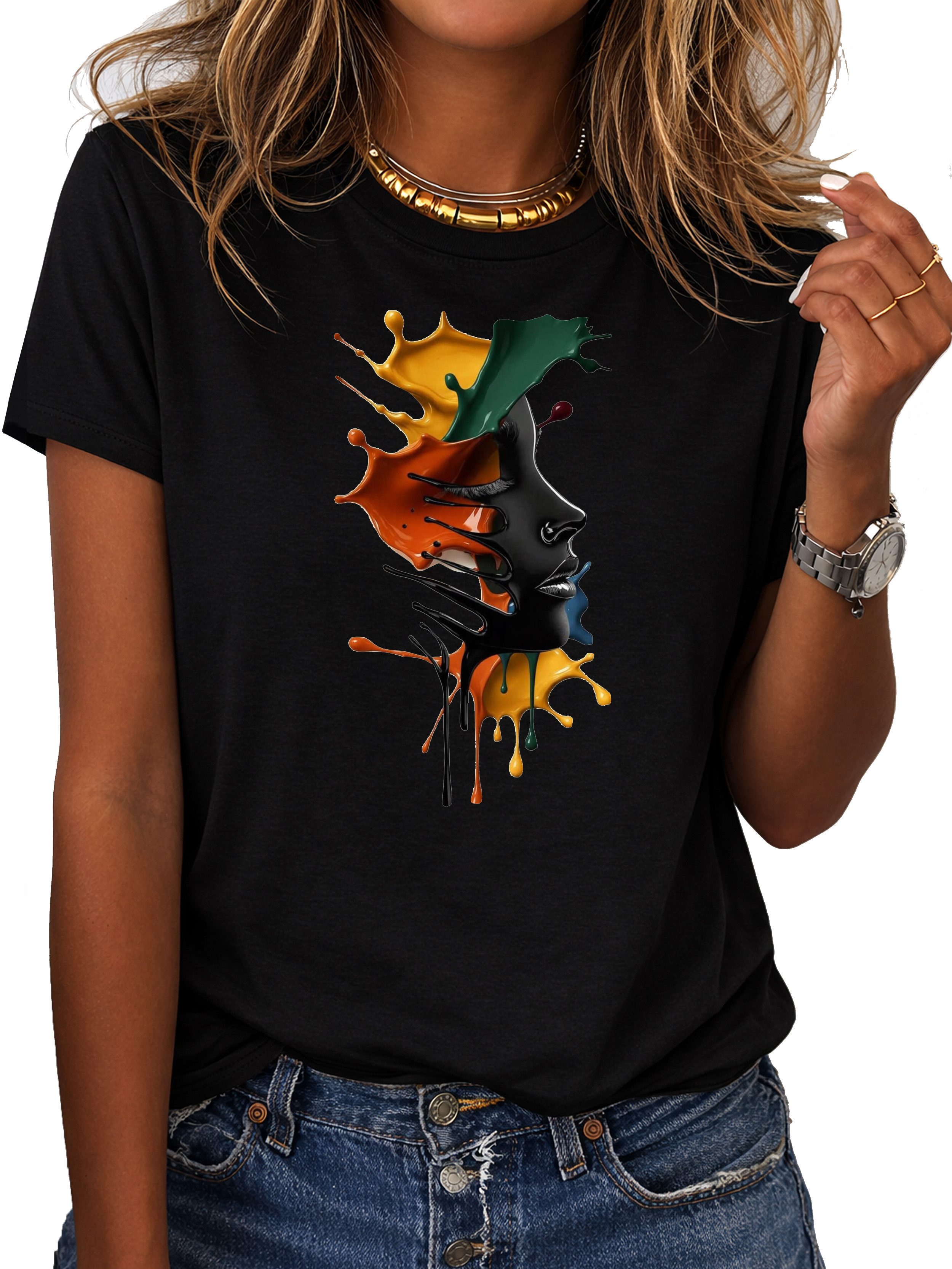 RMK T-Shirt Damen Shirt Rundhals Basic "Farbspritzer" aus Baumwolle