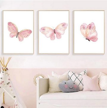 TPFLiving Kunstdruck (OHNE RAHMEN) Poster - Leinwand - Wandbild, Rosa Schmetterlinge für Kinderzimmer - Auch im 3er Set (Mädchenzimmer, Babyzimmer, Jungenzimmer, Kindergarten), Farben: Pastel, pink, rosa, weiß - Größe: 10x15cm