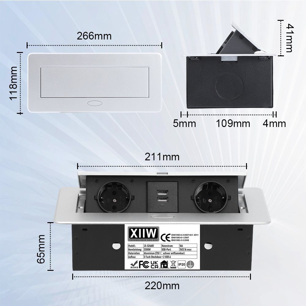 XERSEK 1.8m Kabel + Netzteil Versenkbar Einbausteckdose Alu Tischsteckdose Einbau-Tischsteckdose (2Fach +2USB, 3500W/16A Tischplatte, Bodensteckdose), Aluminium Steckdosenleiste für Möbel, Büro, Küche