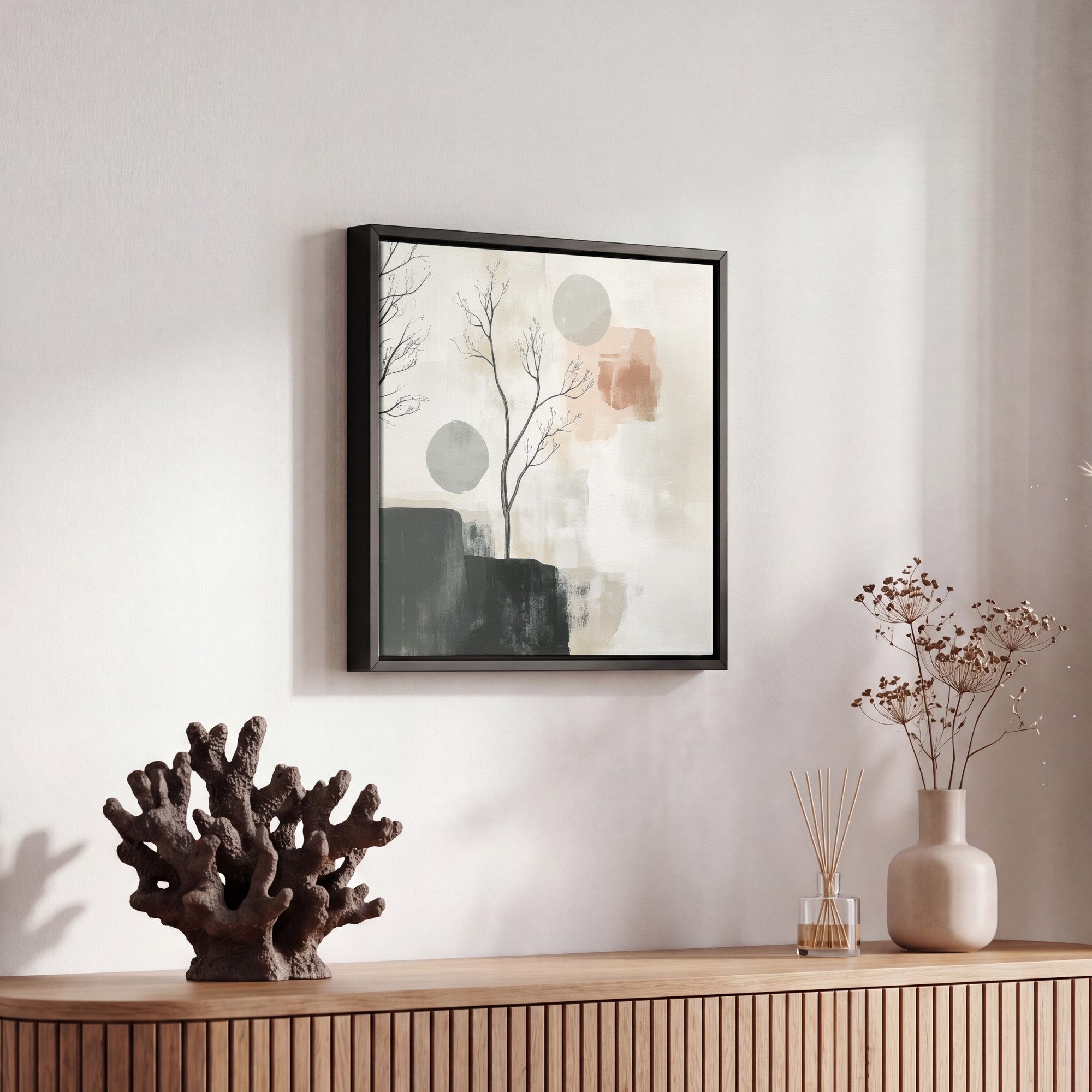 OneMillionCanvasses® Leinwandbild mit Rahmen - Wabi sabi - Beige - Pflanze, Fotodruck (1 St), Leinwand Bilder Klein, Wand Dekoration Aesthetic 20x20cm – Bild 5 von 5