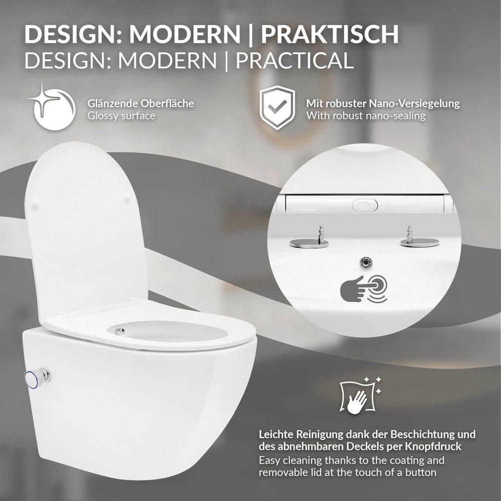 LuxeBath Tiefspül-WC Spülrandloses Hänge WC Keramik mit WC-Sitz abnehmbar Softclose, Toilette Weiß mit Nano Beschichtung kurz Bidet Funktion Lotus Effekt