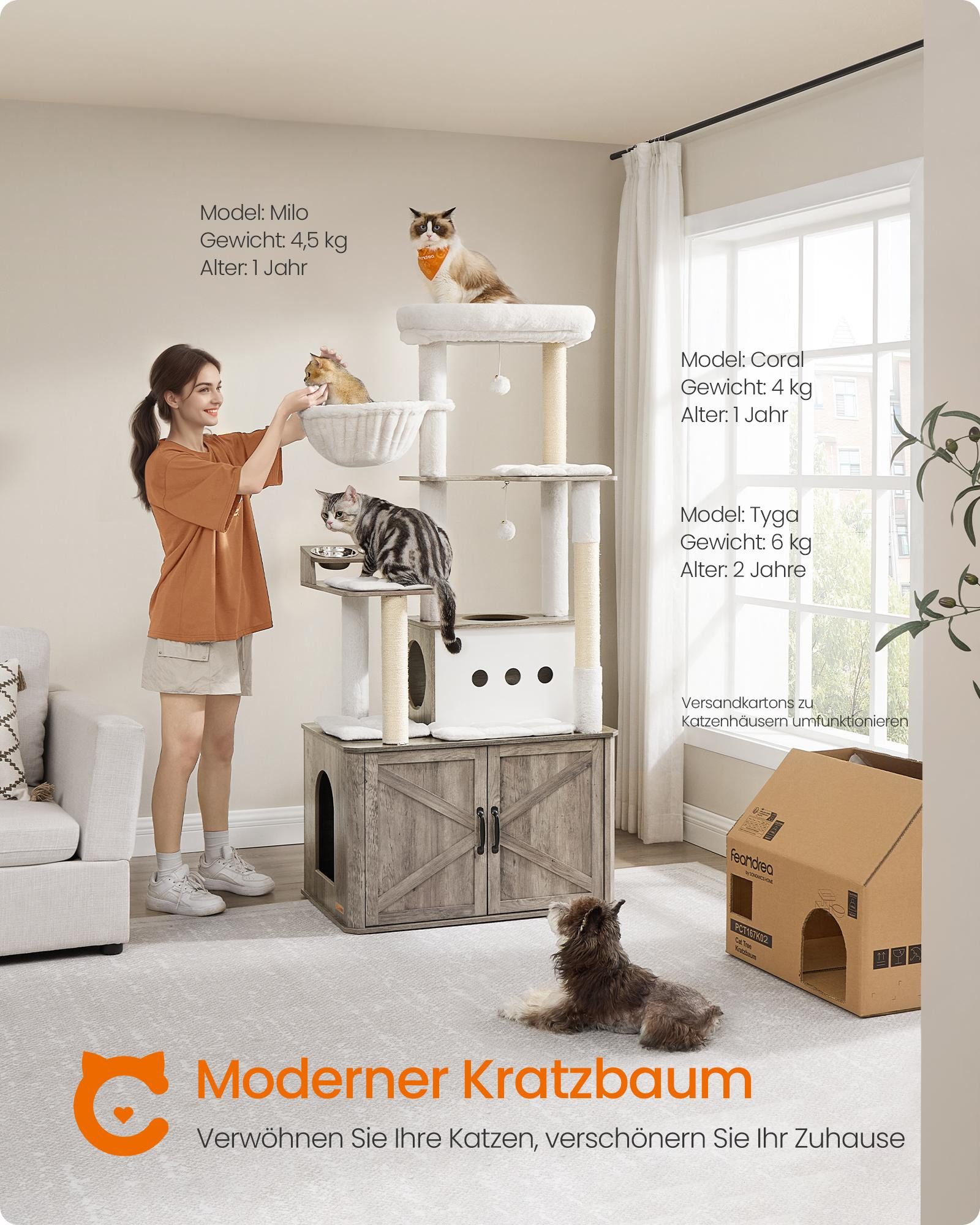 FEANDREA Kratzbaum Katzenklo-Schrank, mehrstöckiger Katzenbaum, große Höhle, Liegemulde, Kratzstämmen, Plüschbälle, 170 cm
