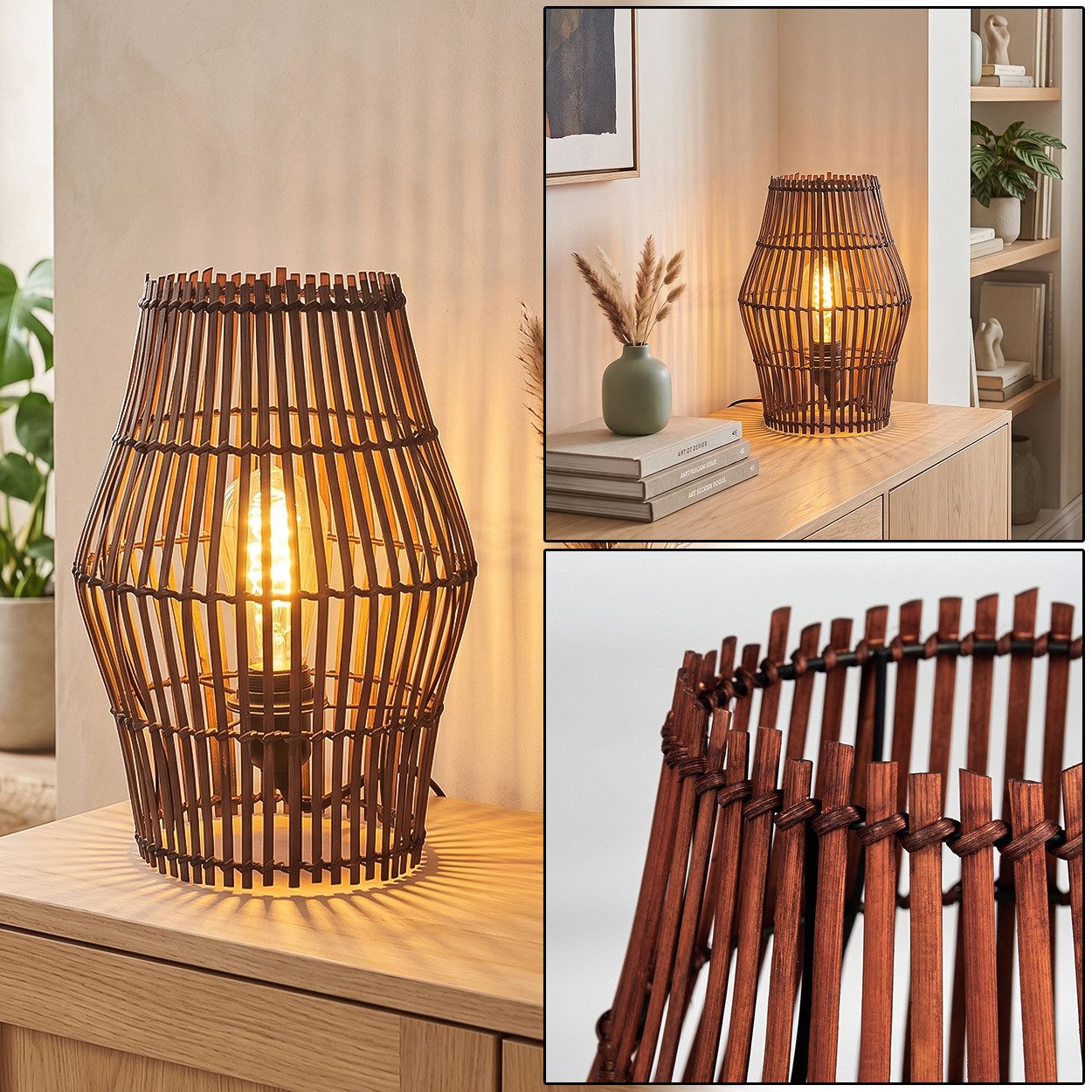hofstein Tischleuchte Tischlampe aus Metall/Bambus in Schwarz/Braun, ohne Leuchtmittel, Tischleuchte im Boho-Design, Lichteffekt, Schalter am Kabel, 32cm, E27