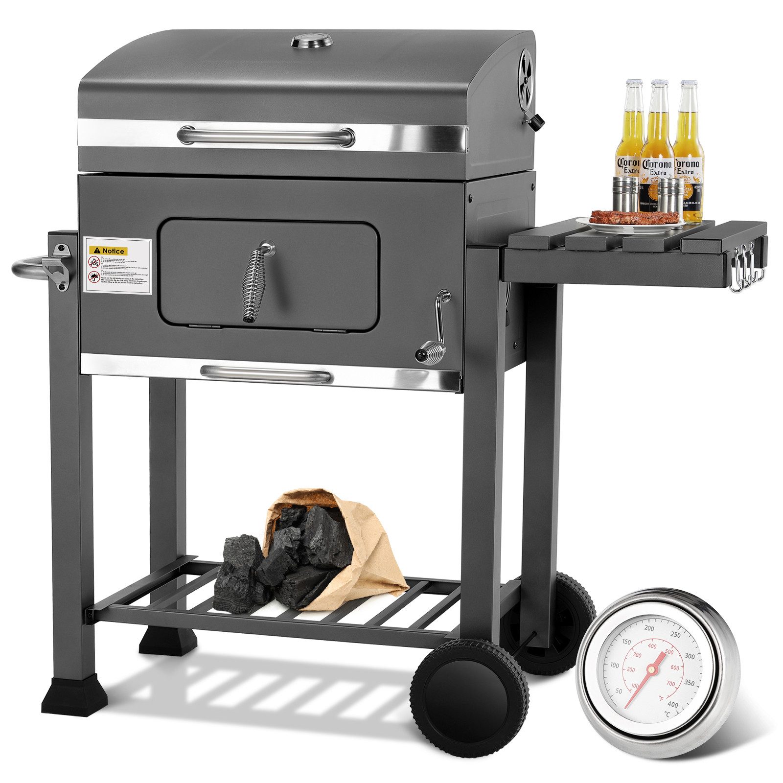 TLGREEN Holzkohlegrill Grillwagen XXL, mit Rädern & Thermometer, Hochwertiger Grillwagen für Garten Camping Picknick, Smoker Grill mit Deckel, Höhenverstellbarer Grillrost, Klappbarem Lagerregal und Flaschenöffner, Rostbeständig BBQ Grill