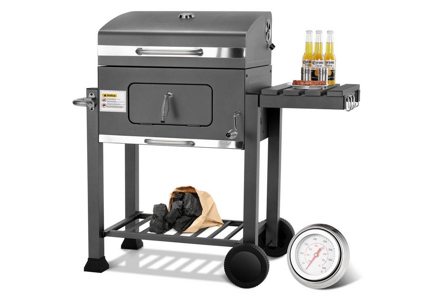 TLGREEN Holzkohlegrill Grillwagen XXL, mit Rädern & Thermometer, Hochwertiger Grillwagen für Garten Camping Picknick, Smoker Grill mit Deckel, Höhenverstellbarer Grillrost, Klappbarem Lagerregal und Flaschenöffner, Rostbeständig BBQ Grill