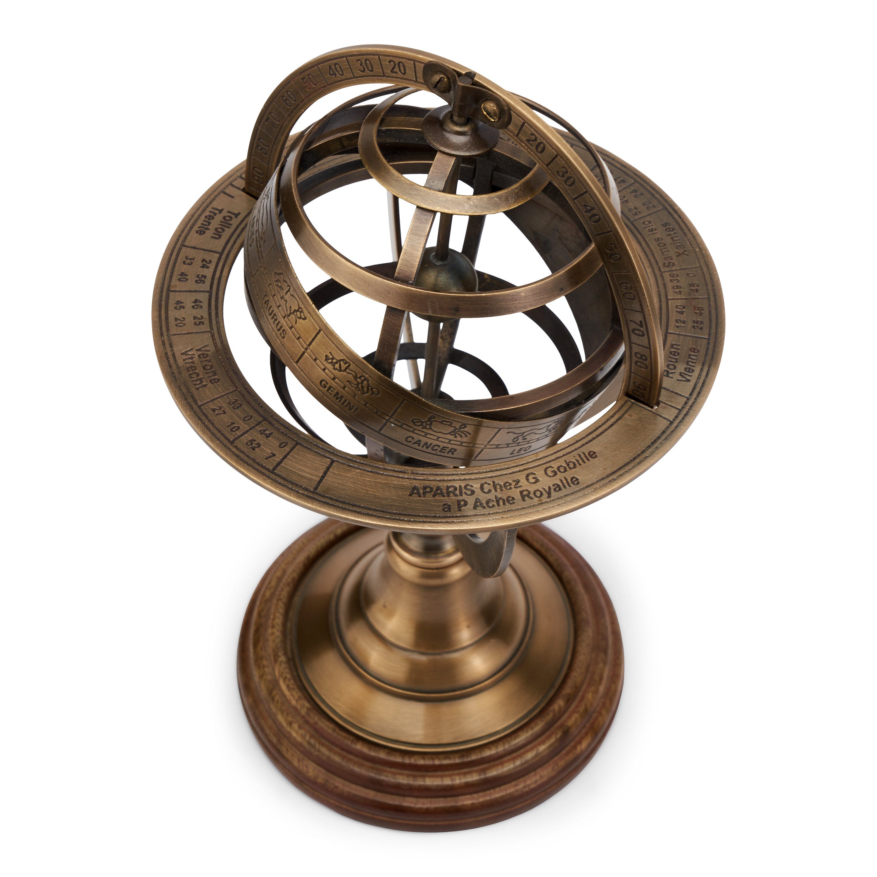 NKlaus Dekofigur Armillarsphäre aus Messing antik auf Holzsockel, Made in Germany