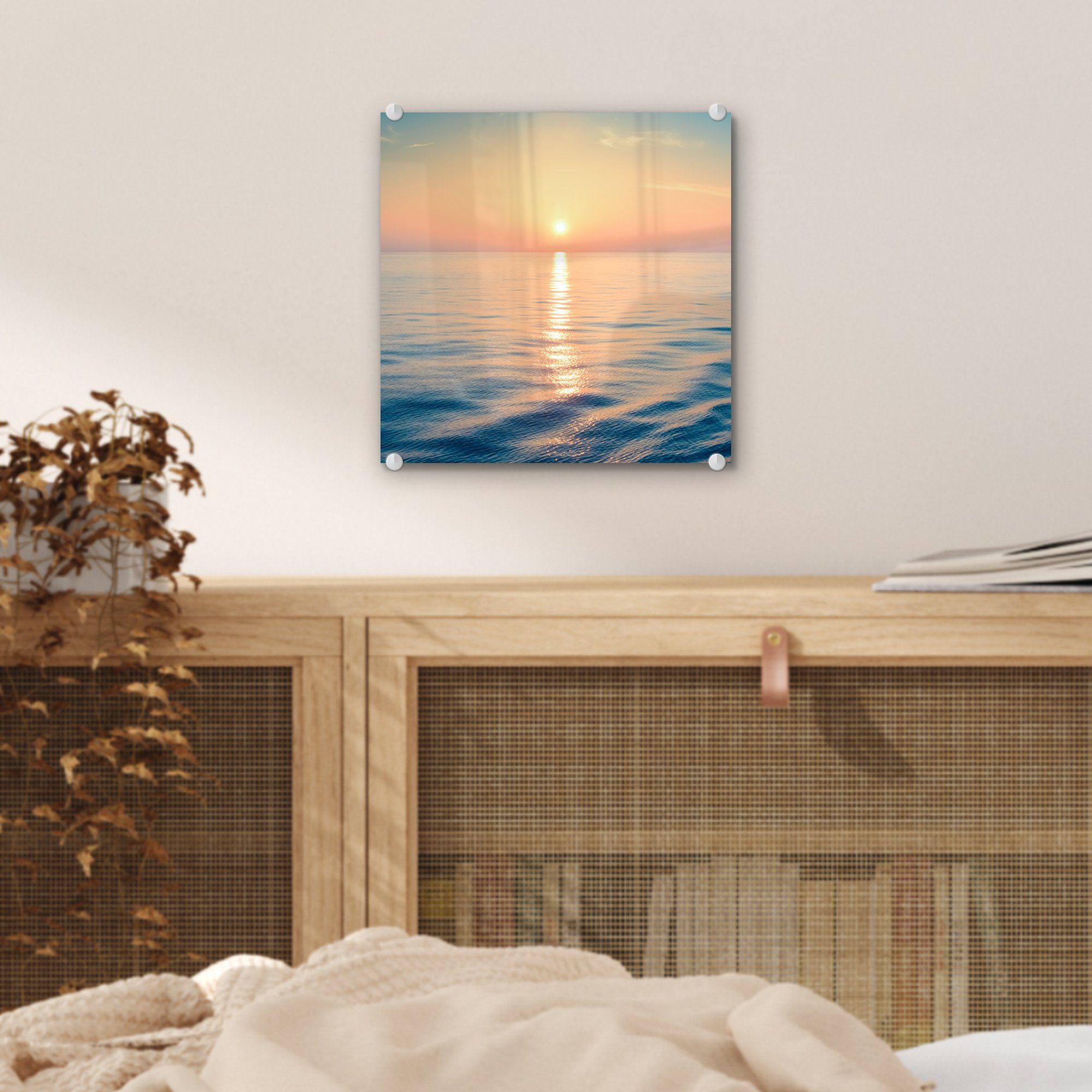 Farben, auf MuchoWow - Glas Wanddekoration Bilder Glasbilder - Foto St), Glas auf - Acrylglasbild - Sonne Wandbild - Meer (1