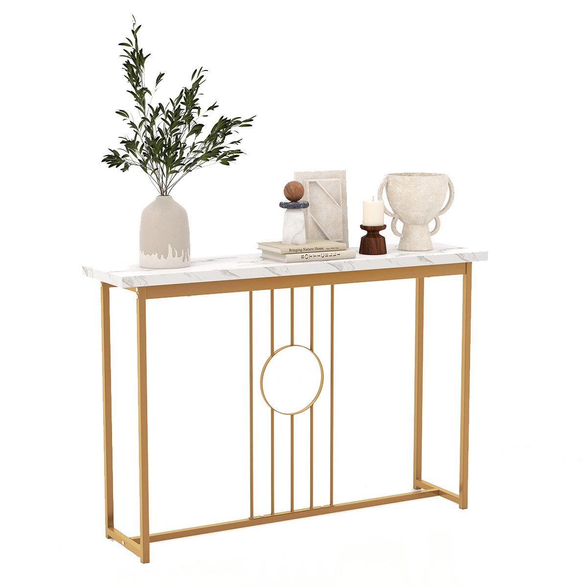 COSTWAY Konsolentisch, Mamor, schmal, Metallgestell, gold, 120x30x80,5cm günstig online kaufen