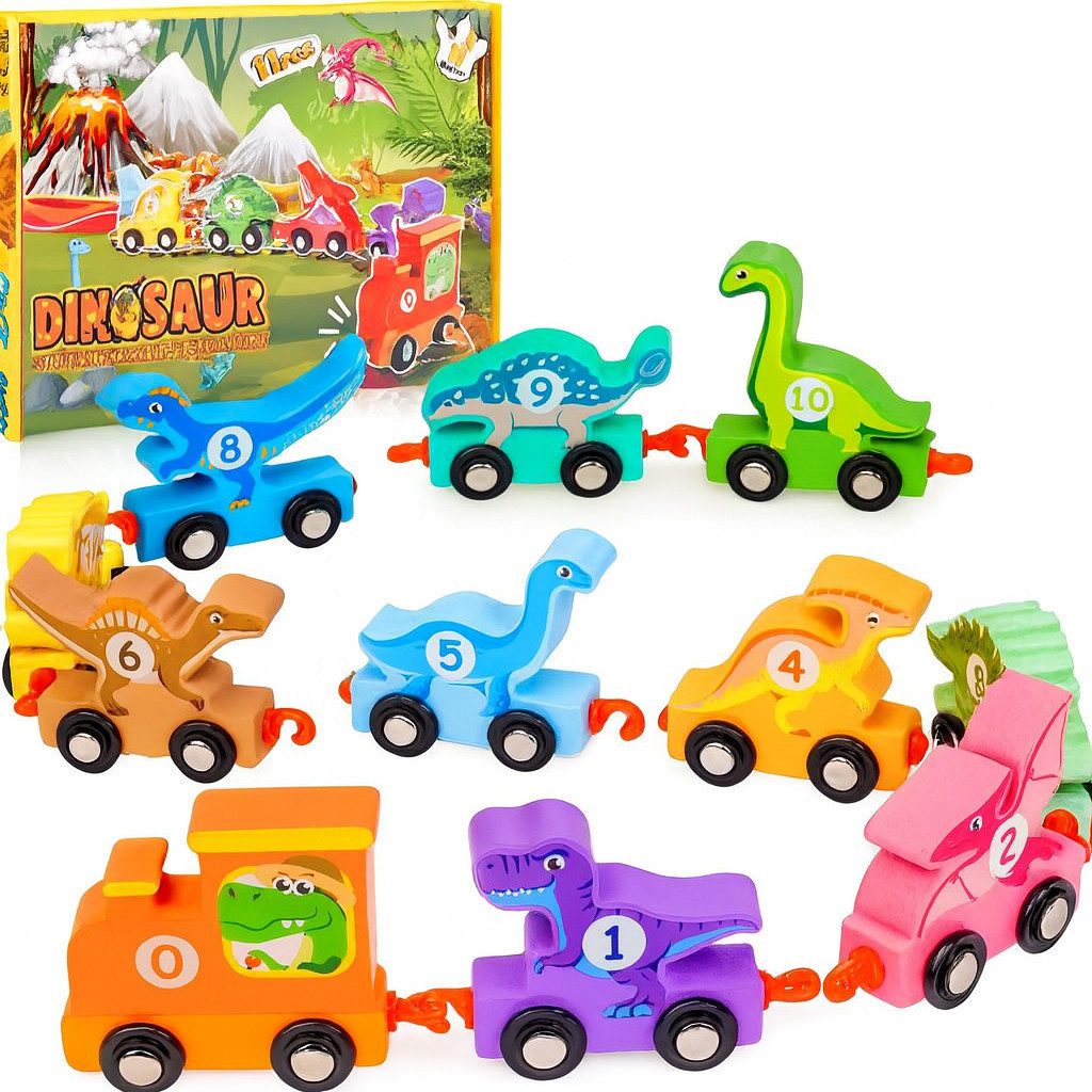 hapikids Lernspielzeug Dinosaurier-Holzzug Lernspielzeug 11-teilig für Kinder ab 3 Jahren (Dinosaurier-Holzzug Lernspielzeug 11-tlg., 11-St., Dinosaurier-Holzzug Montessori Lernspielzeug 11-teilig), Lernspielzeug Frühkindliche Bildung Zahlen- und Farberkennung
