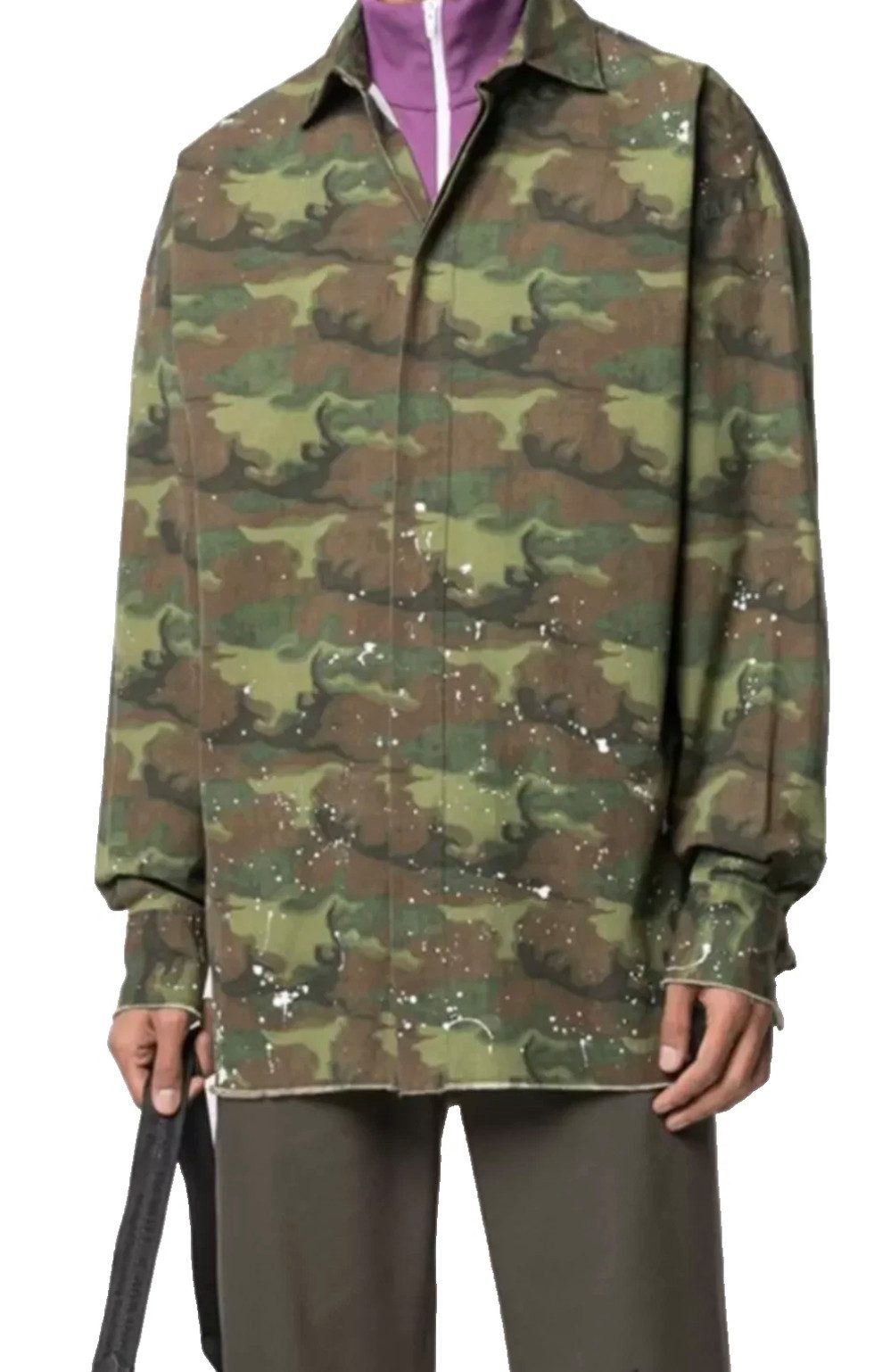 PALM ANGELS Langarmhemd Camo Paint-Splatter Loose Fit Military Hemd Overshirt Offene Kanten Oversize-Schnitt für urbanen Charakter