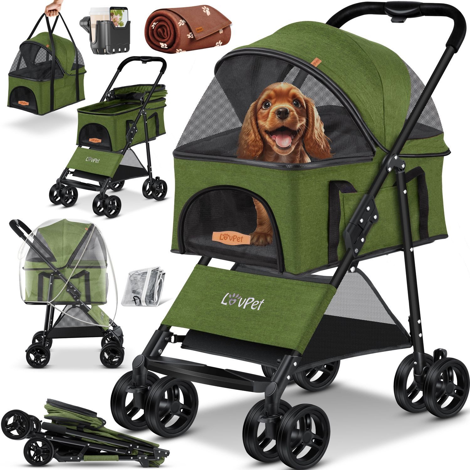 Lovpet Hundebuggy 2in1 Hundewagen max. bis 20kg Buggy für Haustiere, (Hundebox & Tasche mit Regenschutzabdeckung Getränkehalter Kuscheldecke), Haustier- & Katzenbuggy faltbar & klappbar mit Netzfenster