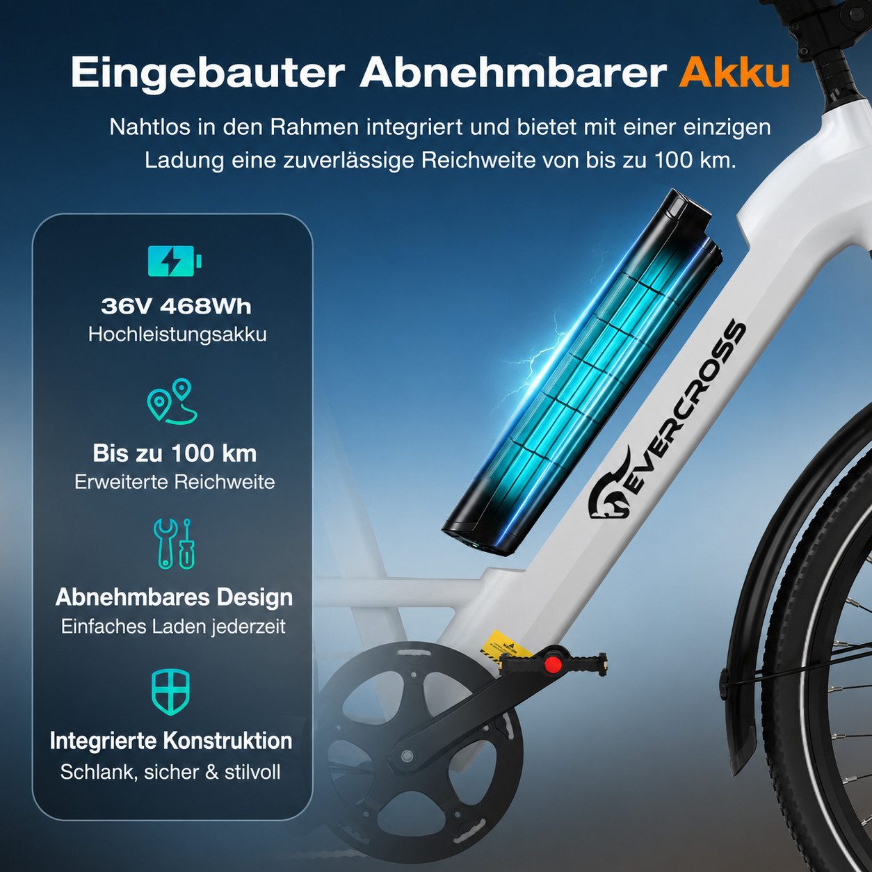 EVERCROSS TECH E-Bike EK25 für Erwachsene, 250W, 36V 13Ah Akku, 60-100km Reichweite, 7 Gang, Heckmotor, 468 Wh, 7-Gang Shimano, App Bluetooth Steuerung, mit Gepäckträger