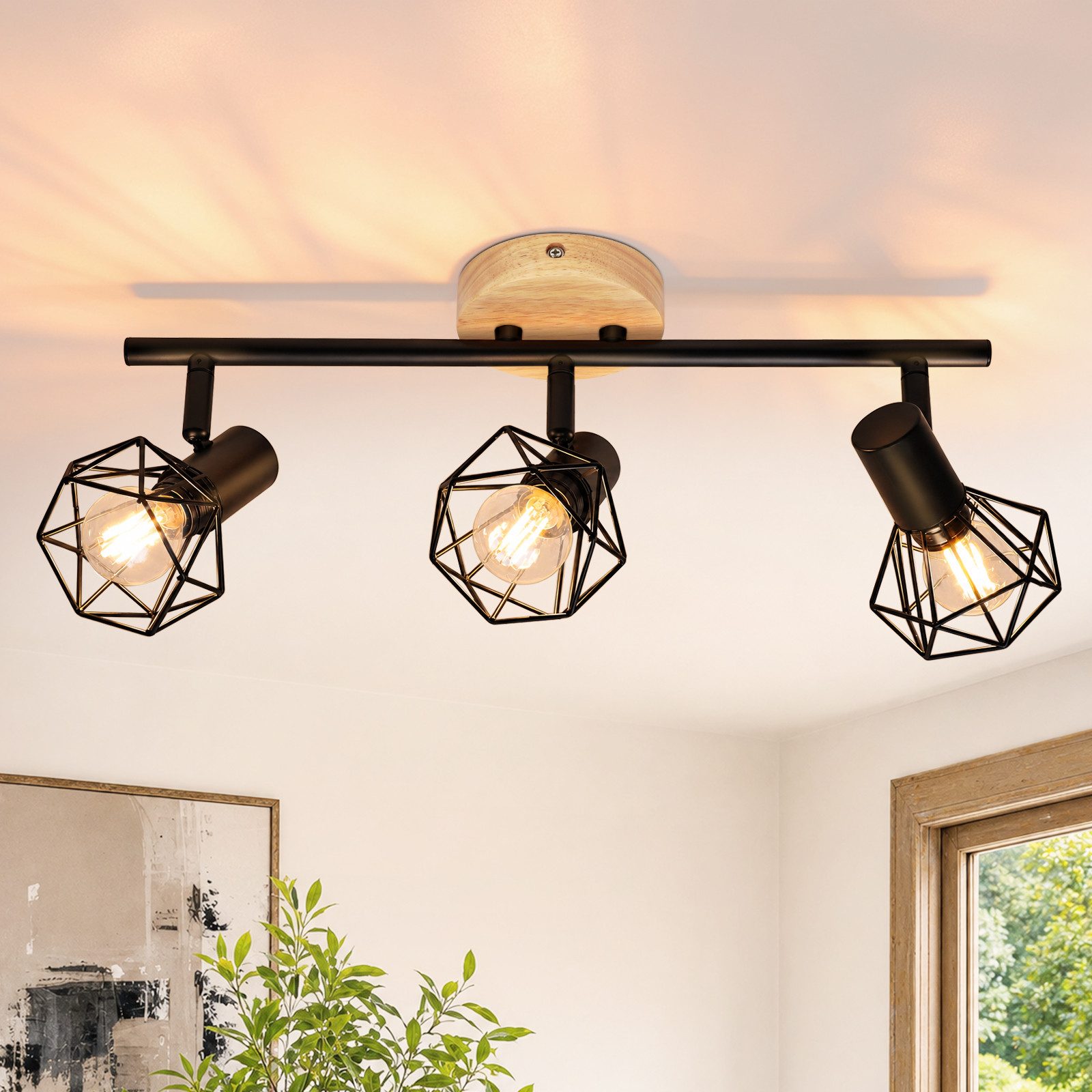 Nettlife Deckenstrahler Retro schwarz 1/2/3/4flammig Holz E14 industrieller Vintage Deckenspot, ohne Leuchtmittel, für Flur Küche Wohnzimmer Retro Deckenleuchte Schlafzimmer