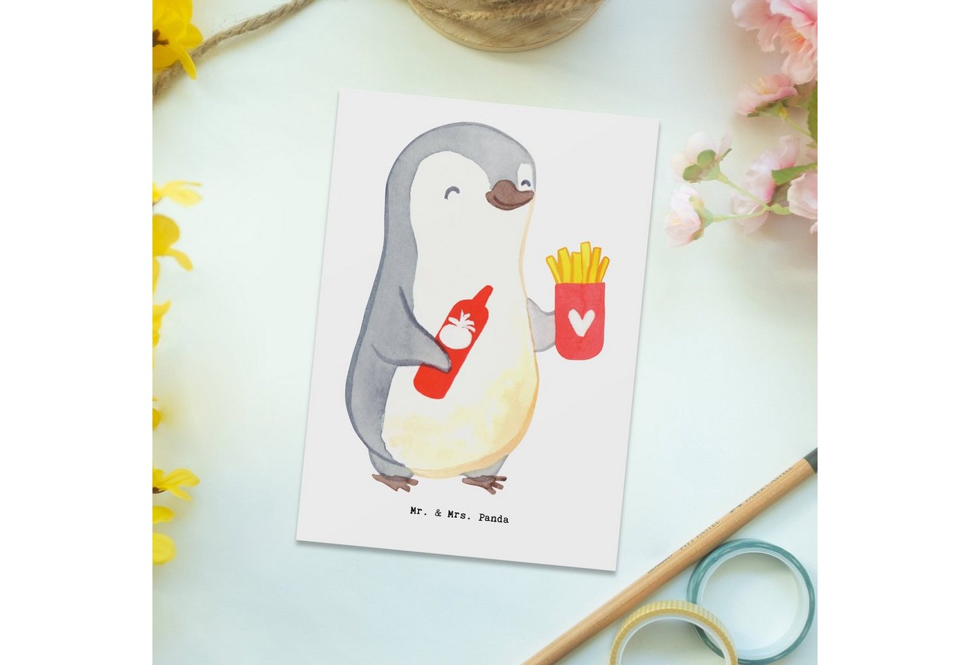 Thumbnail - Mr. & Mrs. Panda Postkarte Imbissverkäufer Herz - Weiß - Geschenk, Postkarte, Geschenkkarte, Pom, Witzige Sprüche