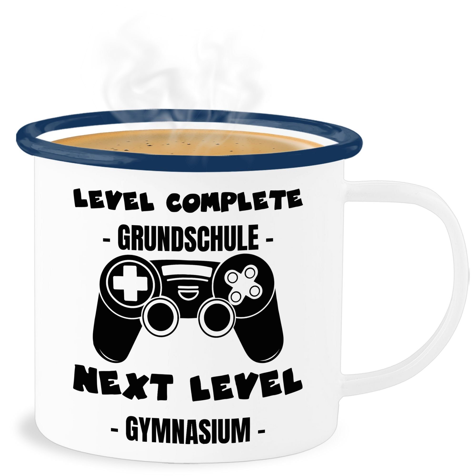 Shirtracer Becher Level complete - Einschulung Blau Gymnasium, Tasse Geschenk level Weiß Stahlblech, 2 next