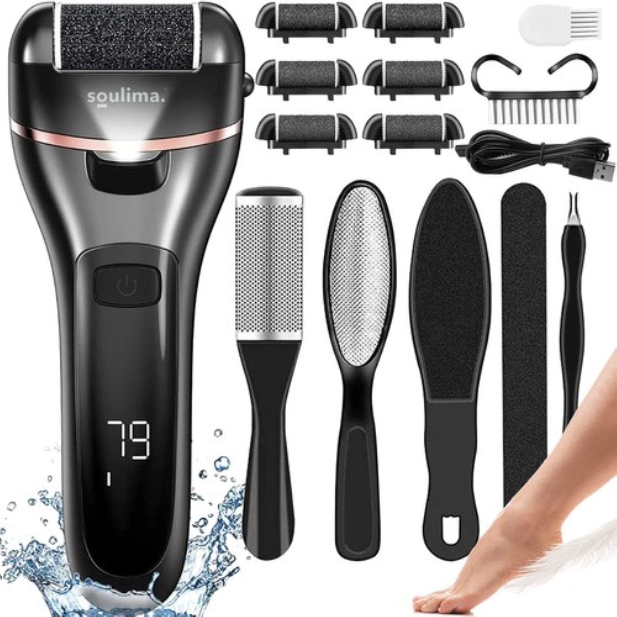 soulima Elektrischer Hornhautentferner Elektrische Fußfeile für glatte Haut und perfekte Pediküre, Komplettes Set für professionelle Fußpflege, 14-tlg., Elektrische Fußfeile mit sechs austauschbaren Köpfen, 6 Aufsätze für individuelle Fußpflegebedürfnisse