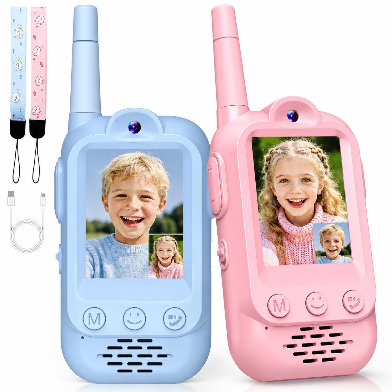 Wootoy Walkie Talkie Kinder 2er Set Video Walkie Talkies mit 480P Kamera Video-Funkgeräte, (4 Sprachverzerrer bis zu 300 m Reichweite 1000 mAh Akku, 2-St., Ohne WLAN Ohne SIM-Karte Automatische Kopplung Einfache Bedienung), Funkgeräte für Kinder ab 3 Jahren Geschenk für Jungen und Mädchen