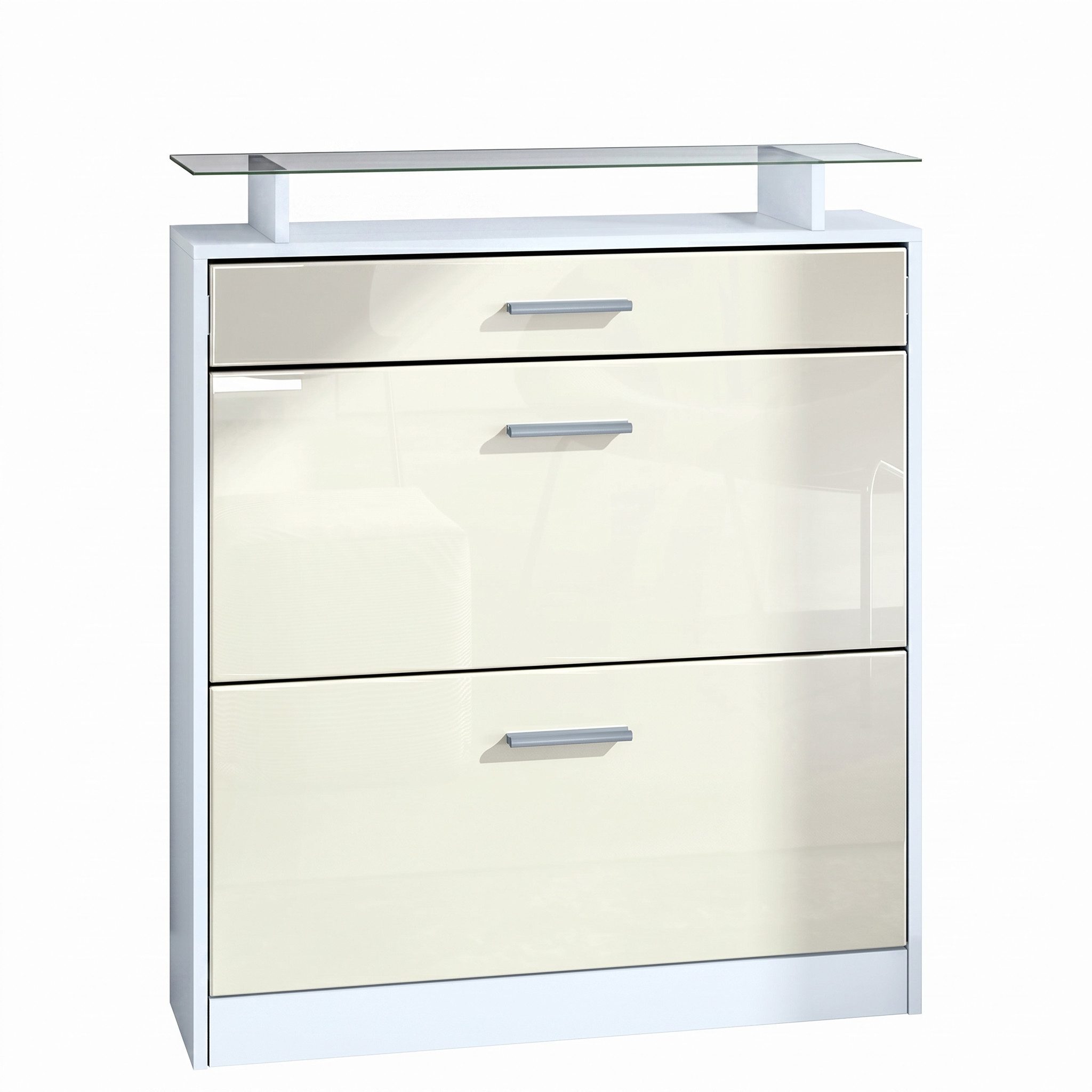 Vladon Schuhschrank Loret (hängender Schuhkipper für 16 Paar Schuhe, mit 2 Klappen und 1 Schublade und Glasablage) Weiß matt/Creme Hochglanz (89 x 104 x 23 cm)