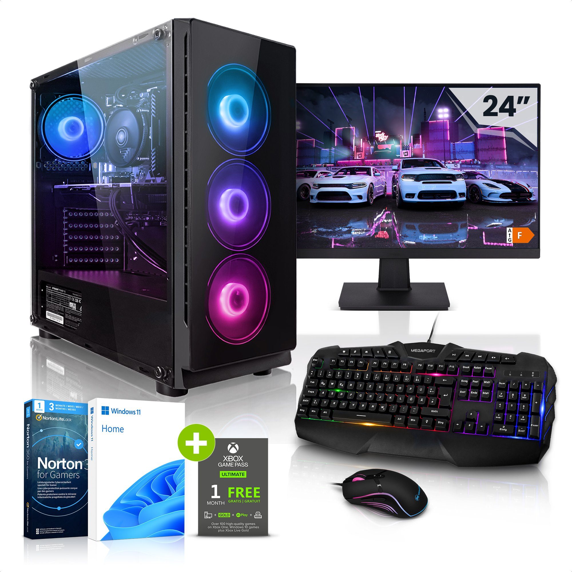 Megaport Gaming-PC-Komplettsystem (24", Intel Core i5-12400F 6x2,50 GHz 12400F, GeForce GTX 1650, 16 GB RAM, 500 GB SSD, Windows 11, WLAN)