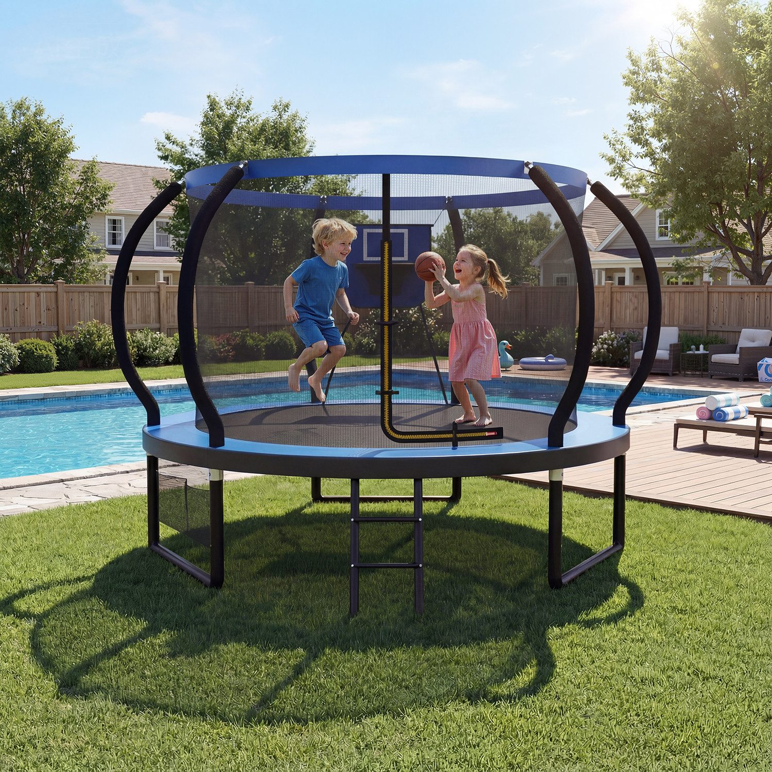 HOMALL Gartentrampolin Basketballkorb-Trampoline, Outdoor-Trampoline, Kindertrampoline, Ø 228 cm, (228/305/366/427 cm, komplett mit Basketball, Pumpe, Sicherheitsnetz, Leiter und 360°-Geländer, maximale Belastbarkeit 150 kg)