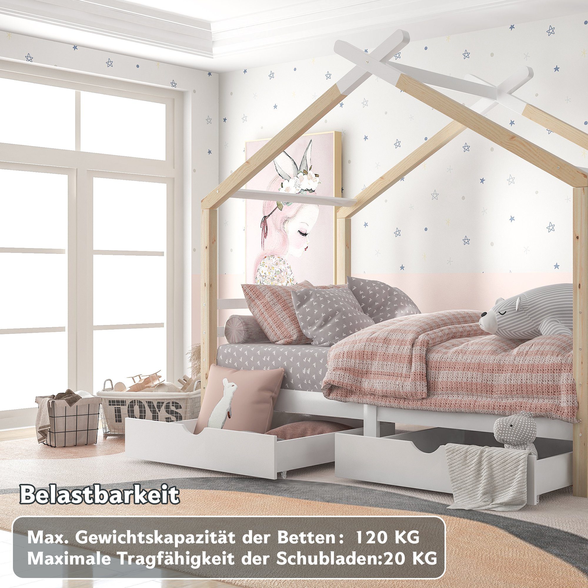 (1-tlg), Flieks 2 Holzfarbe Schubladen und Kinderbett 90x200cm mit Hausbett Massivholzbett Weiß