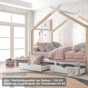 Flieks Kinderbett (1-tlg), Hausbett mit 2 Schubladen Massivholzbett 90x200cm