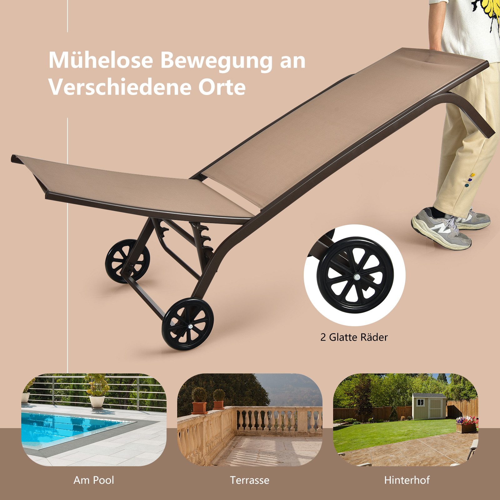 COSTWAY Gartenliege Sonnenliege, mit Rollen, 6-fach verstellbar – Bild 3 von 5
