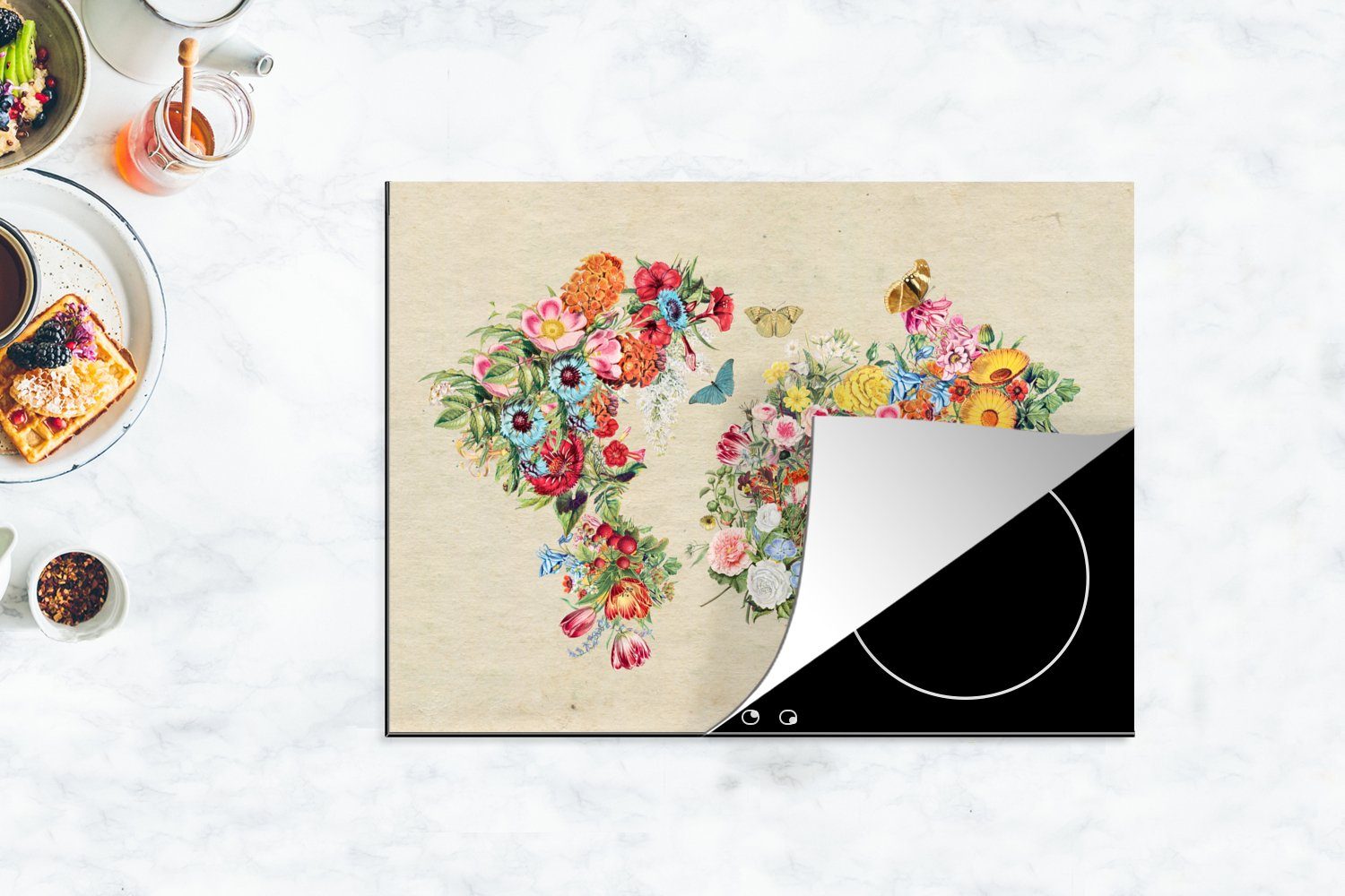 Ceranfeldabdeckung Weltkarte (1 Blumen, MuchoWow Vinyl, Arbeitsfläche tlg), nutzbar, - Vintage Mobile cm, 70x52 Herdblende-/Abdeckplatte -
