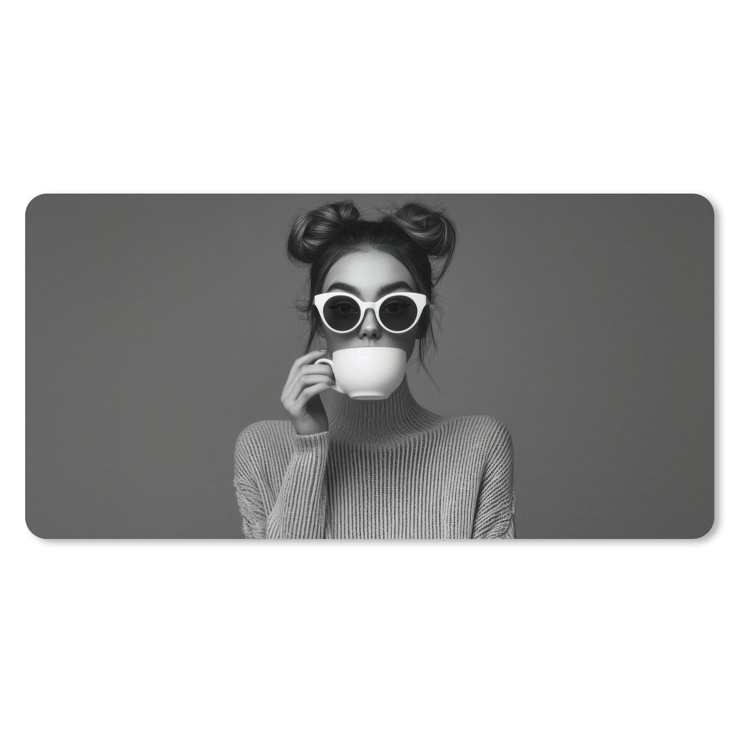 MuchoWow Mauspad Frau - Kaffee - Schwarz - Weiß (1-St), Schreibtischunterlage, Mousepad Gaming XXL, Großes, 100x50 cm