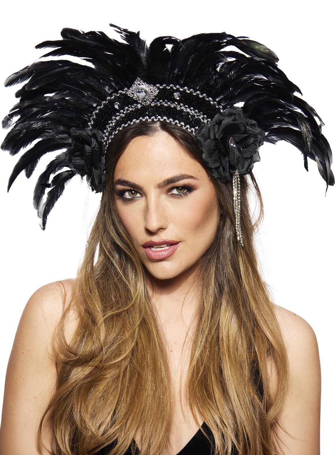 Metamorph Kostüm Showgirl Federschmuck schwarz-silber, Federpracht für Showtanz und Samba